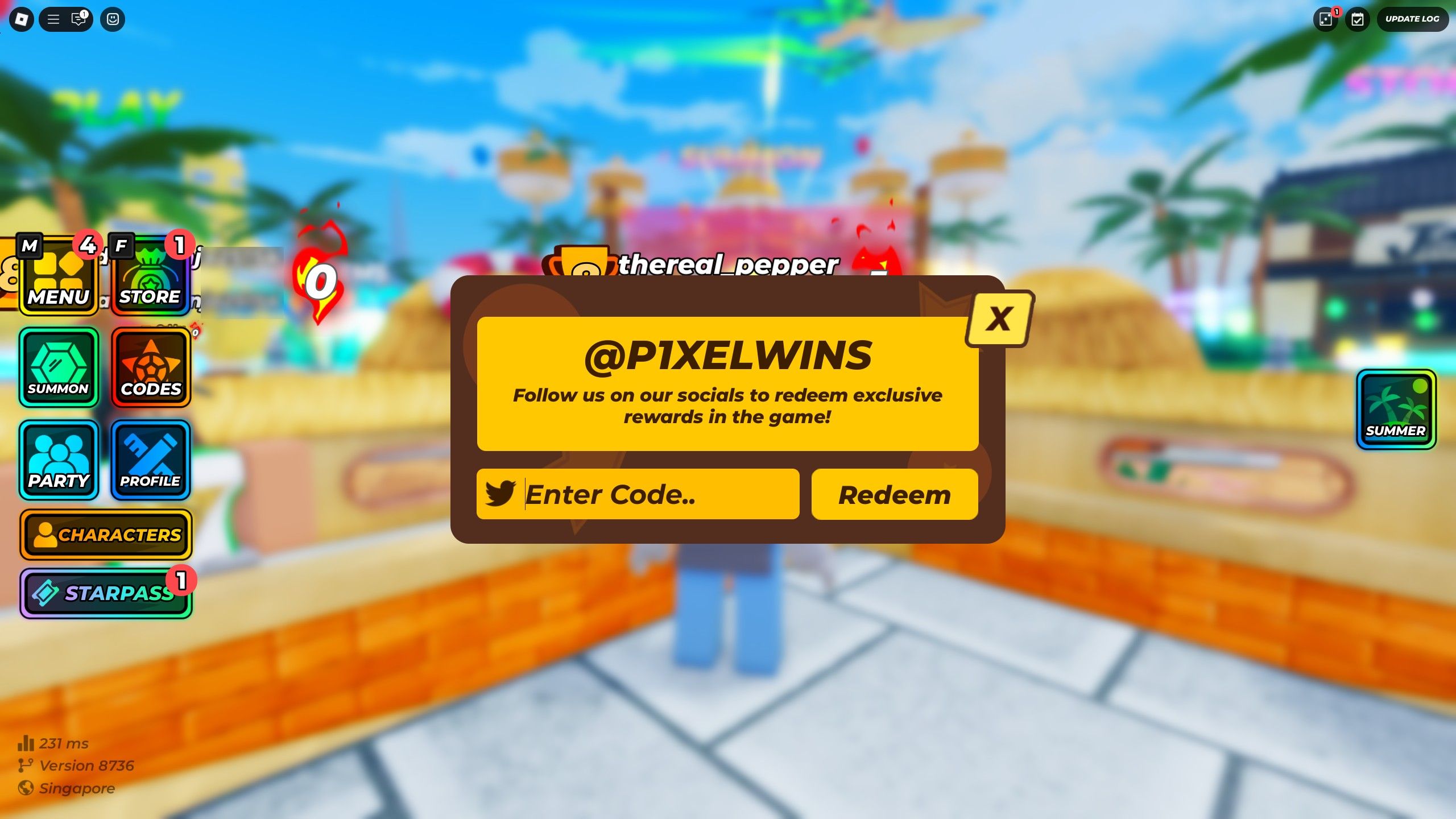 the codes box in Jump Stars on Roblox