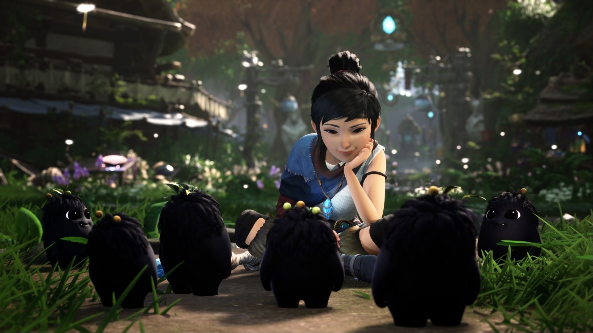 Kena resting with her little Rot friends in Kena: Bridge of Spirits.