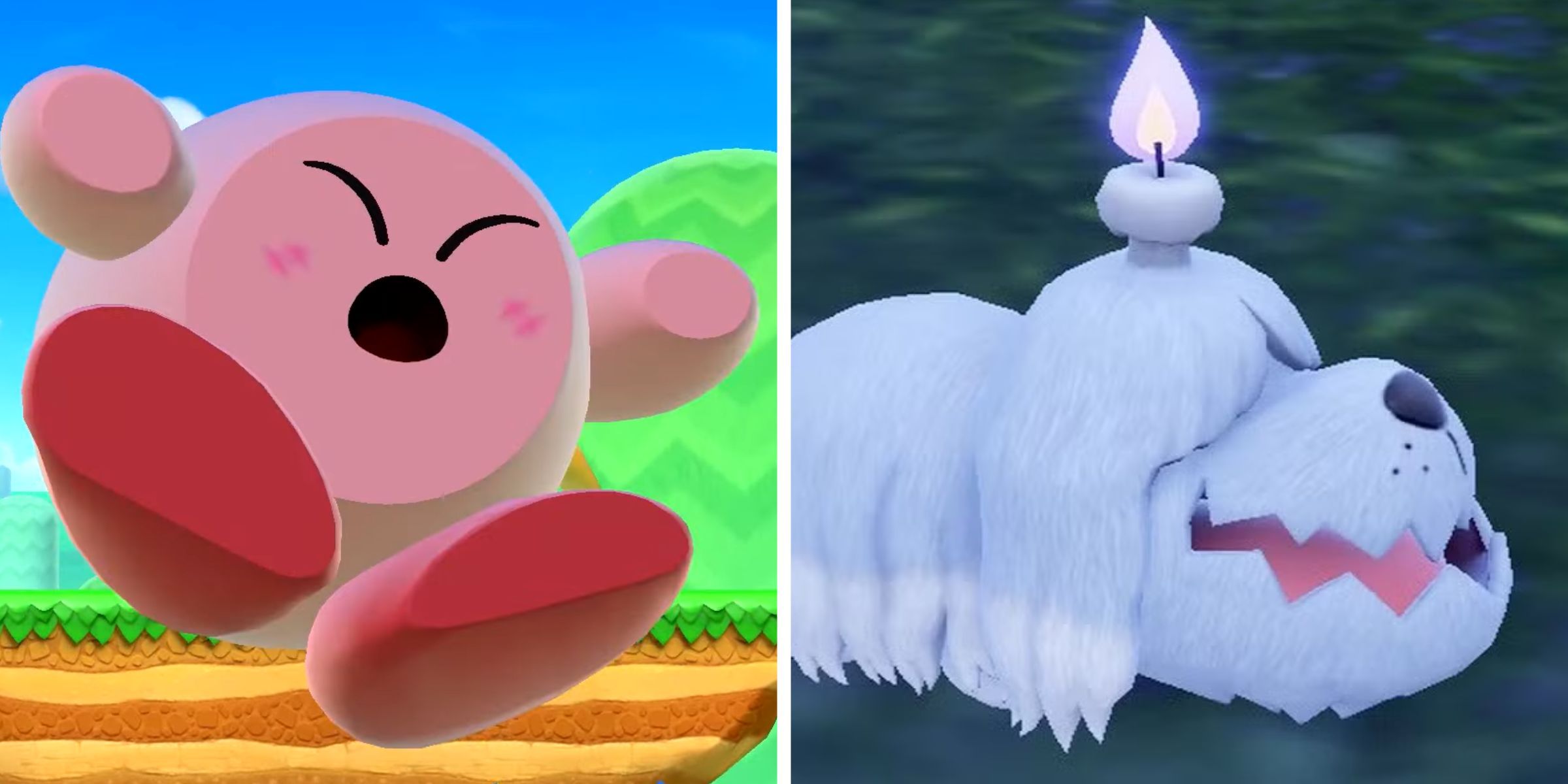 Kirby getting screen KO'd in Super Smash Bros. Ultimate and a Grevard in Pokemon Violet.