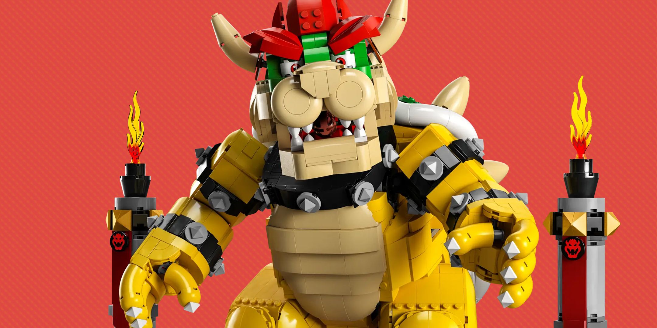 Lego The Mighty Bowser set on a red background.