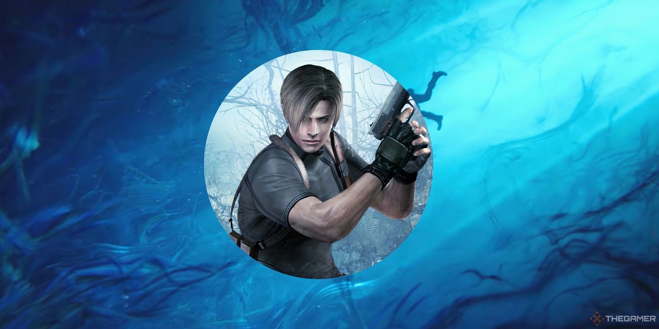 Leon from Resident Evil standing in front of an ocean scean.