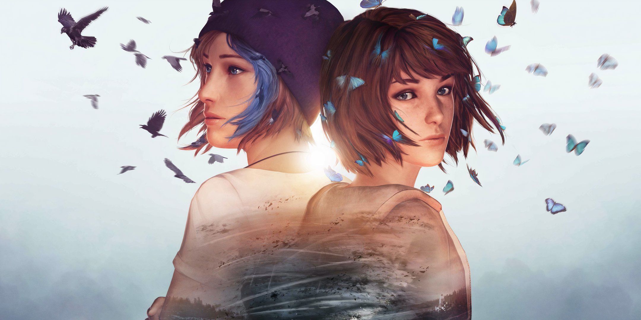 A close up portrait of Max and Chloe with blue butterflies flying around them from Life is Strange.