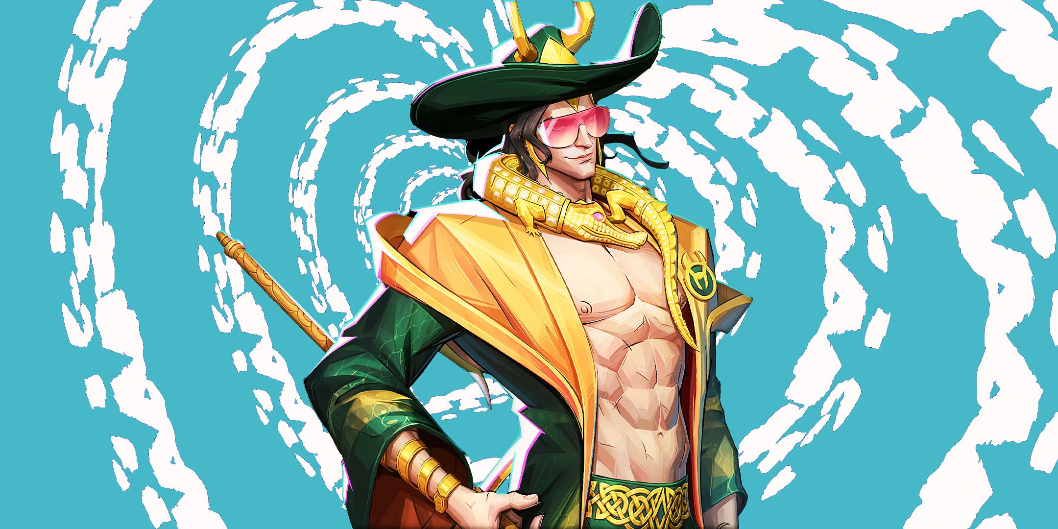 Loki in his Robe of Relaxation outfit in Marvel Rivals against a blue and white backdrop.