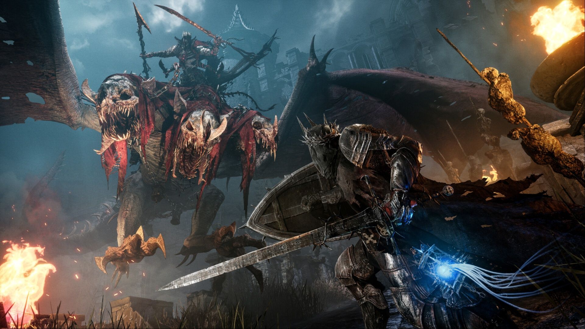 Key art showcasing the Dark Crusader squaring off against a Lightreaper in Lords of the Fallen.