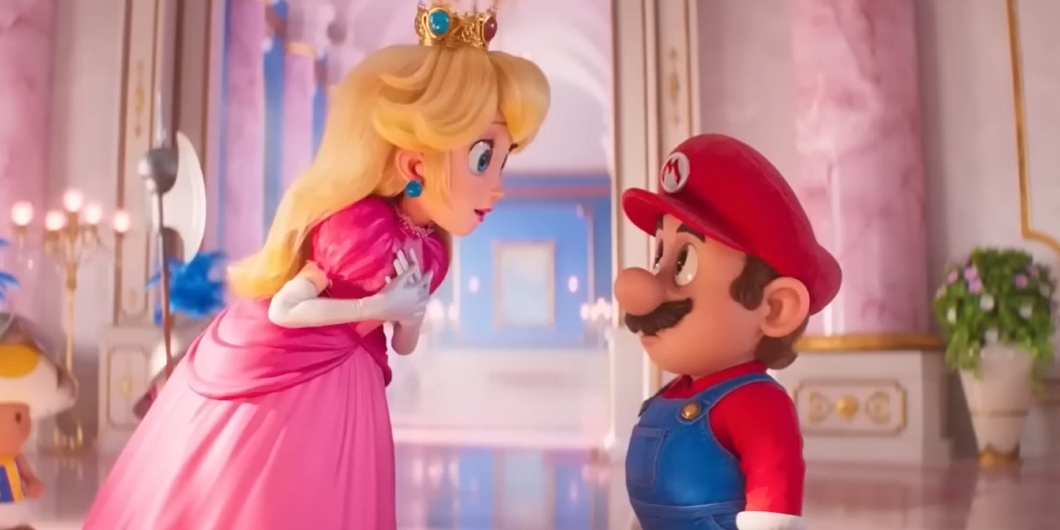 Mario and Peach looking at each other in castle hallway
