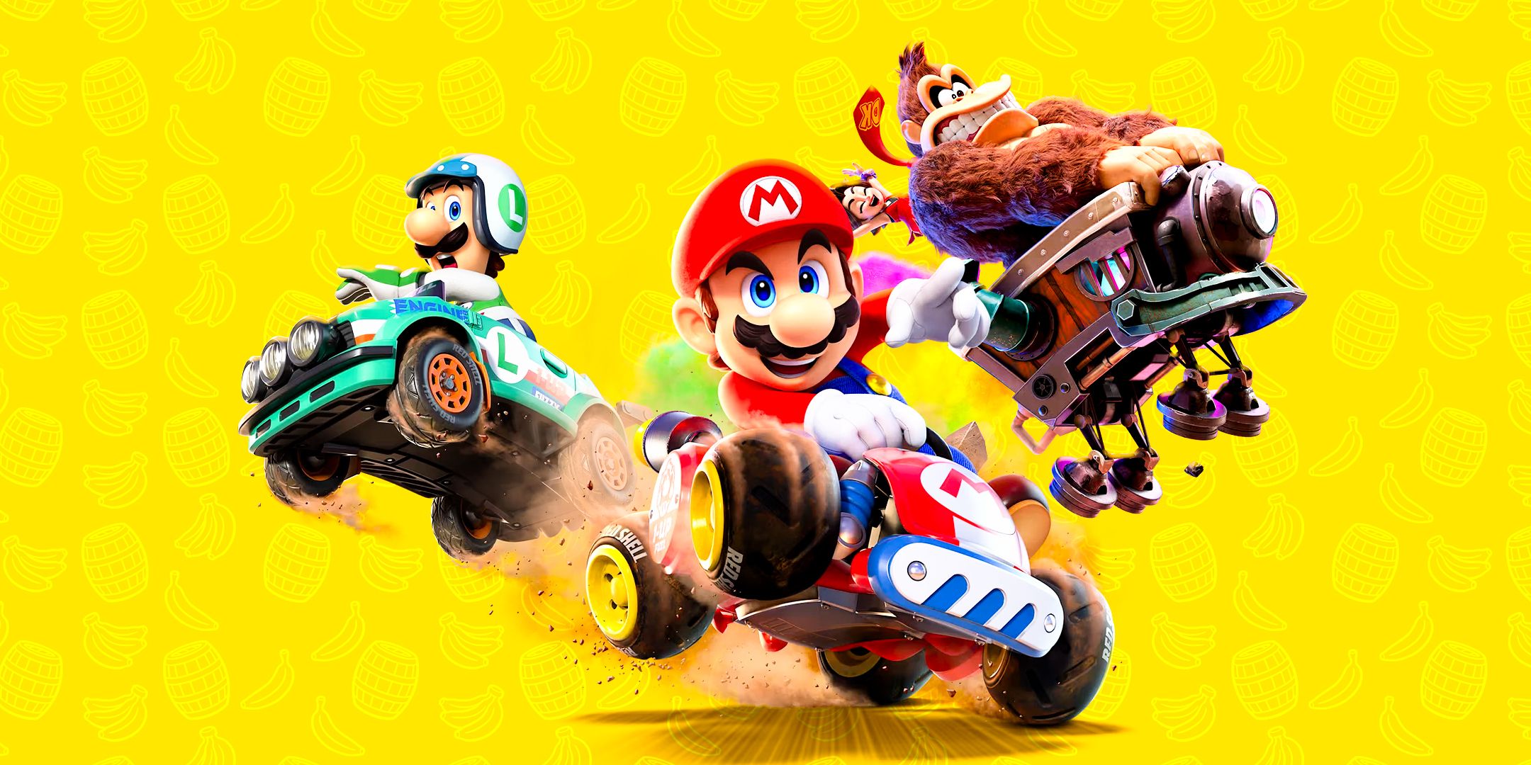 Luigi and Mario from Mario Kart World with Donkey Kong and Pauline from Donkey kong Bananza. 