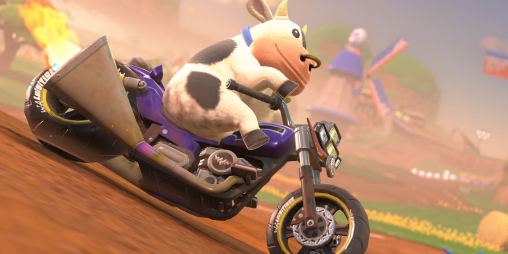Cow from Mario Kart World sitting on a motorcycle.