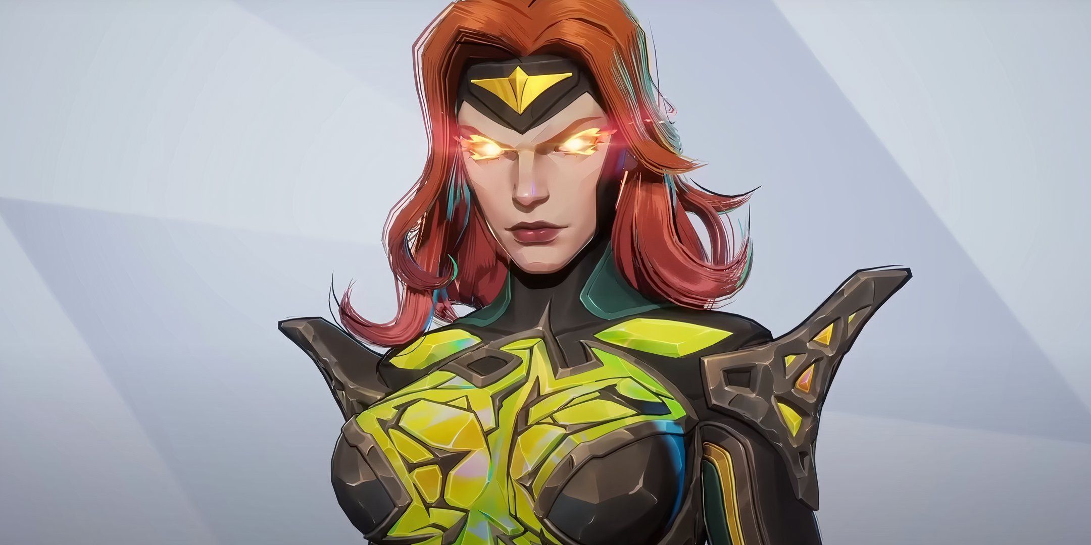 Phoenix in Marvel Rivals. She is a red-head woman wearing grey and green armour. Fire is comingh from her eyes.