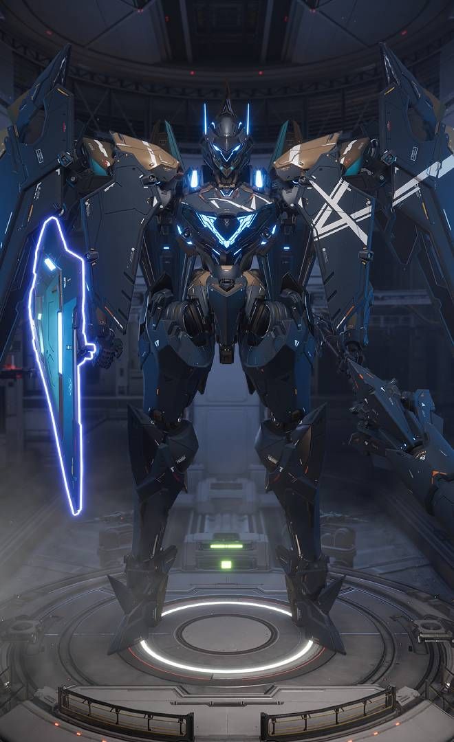 Mecha Break, black mech with glowing shield and lance.