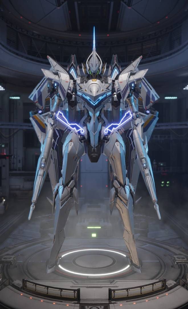 Mecha Break, Falcon, white mech with electric charge and wings.