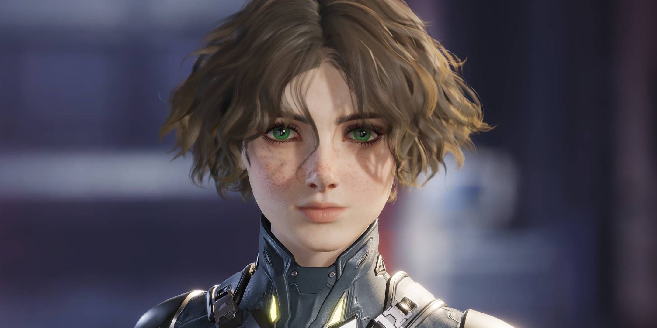 Mecha Break, female character with curly brown hair and freckles.