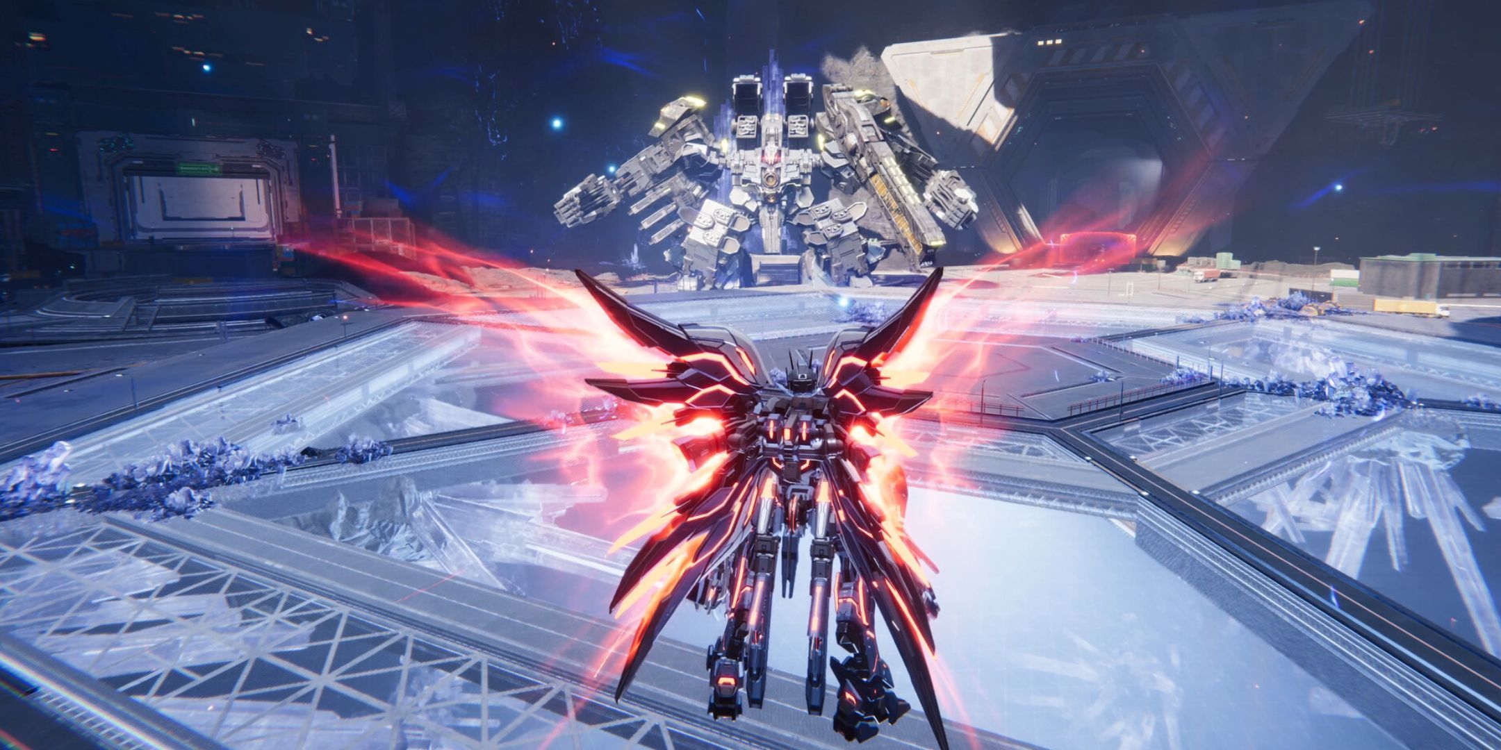 A character in Mecha Break staring down a boss.