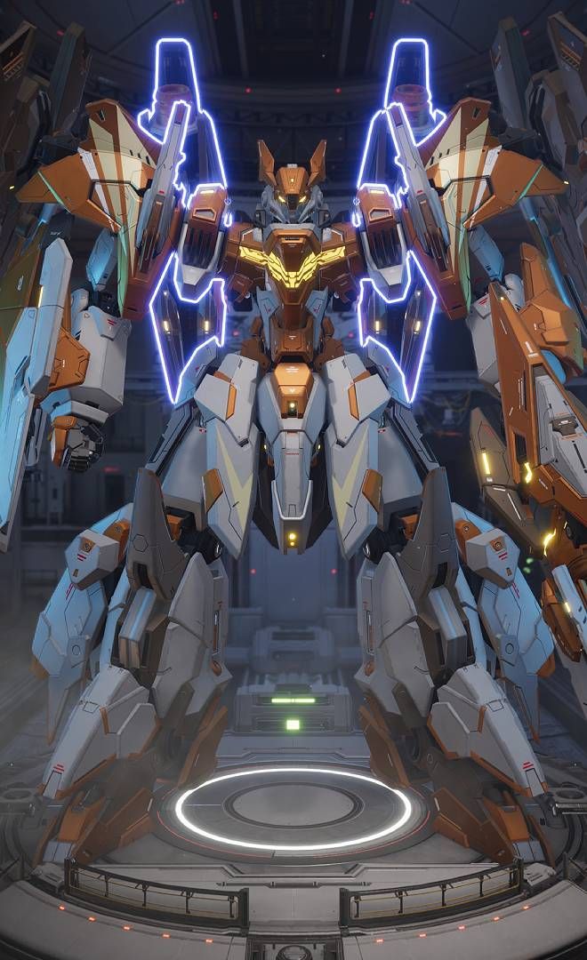 Mecha Break, Hurricane mech, large, grey and orange with electric forcefield.