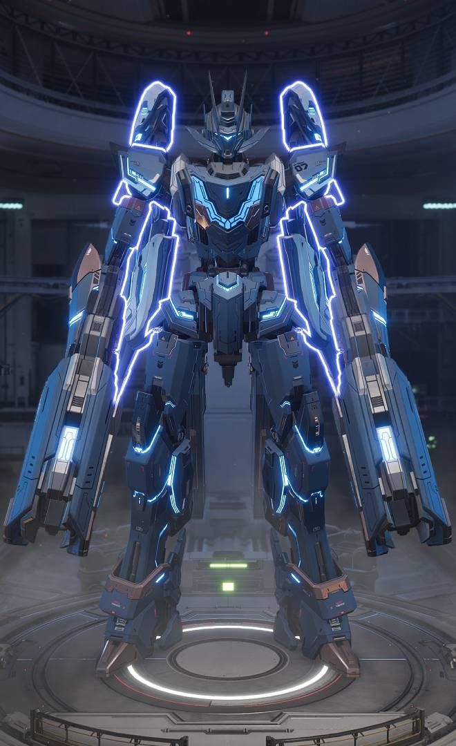 Mecha Break, Luminae support mech, glowing blue with two large drone deploying arms.