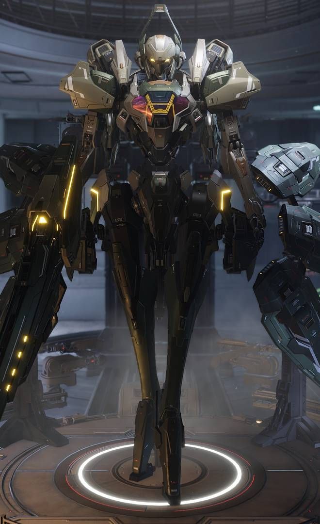 Mecha Break, Narukami mech, very slender, with drones surrounding it.