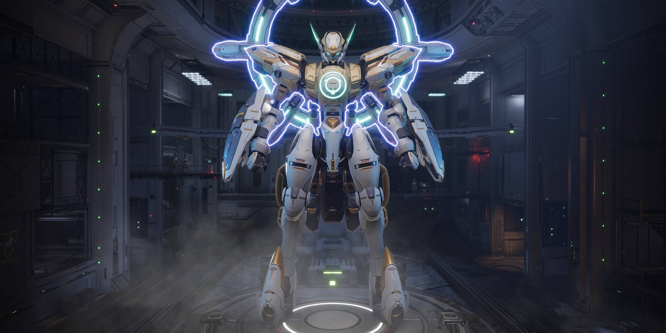 Mecha Break, Pinaka support mech, with a large blue glowing halo.
