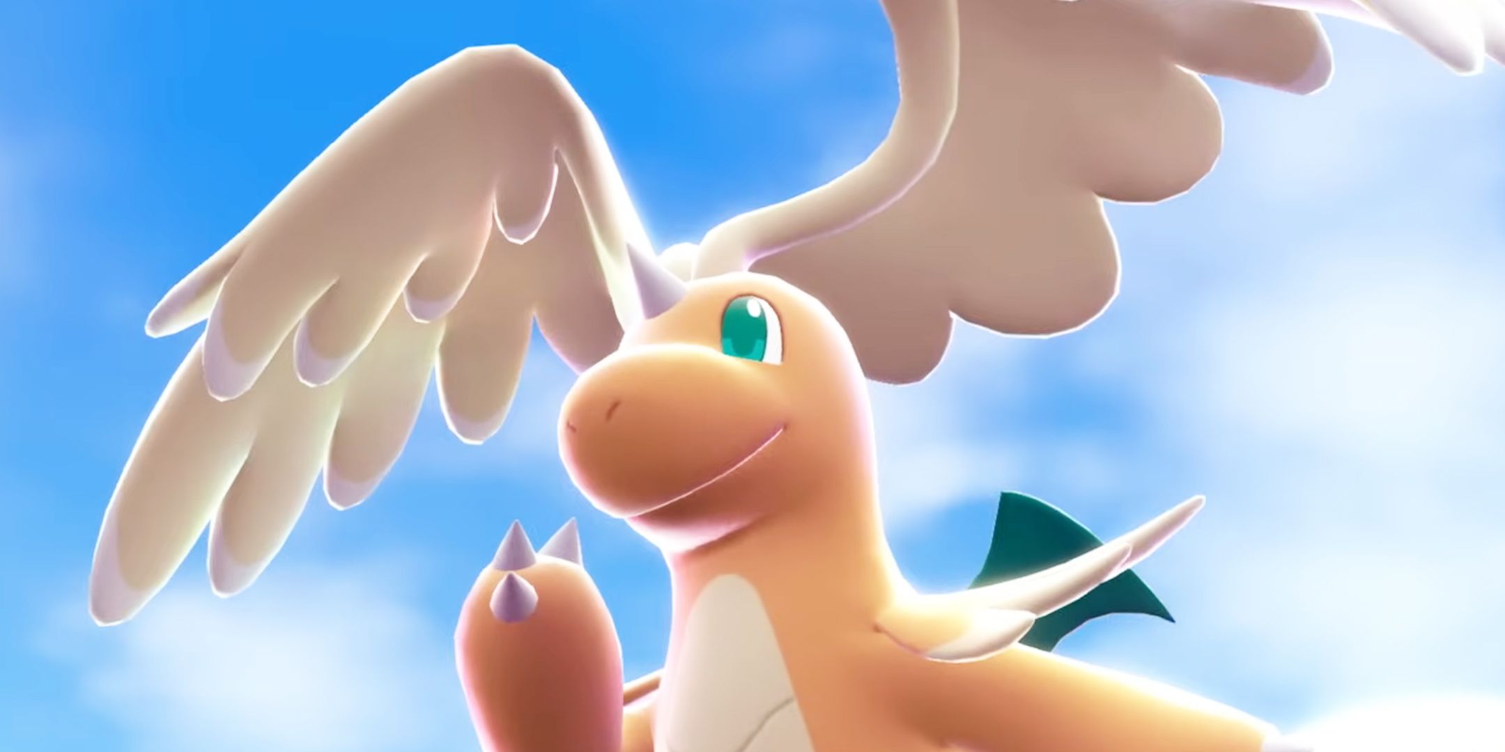 Mega Dragonite floating in the sky.