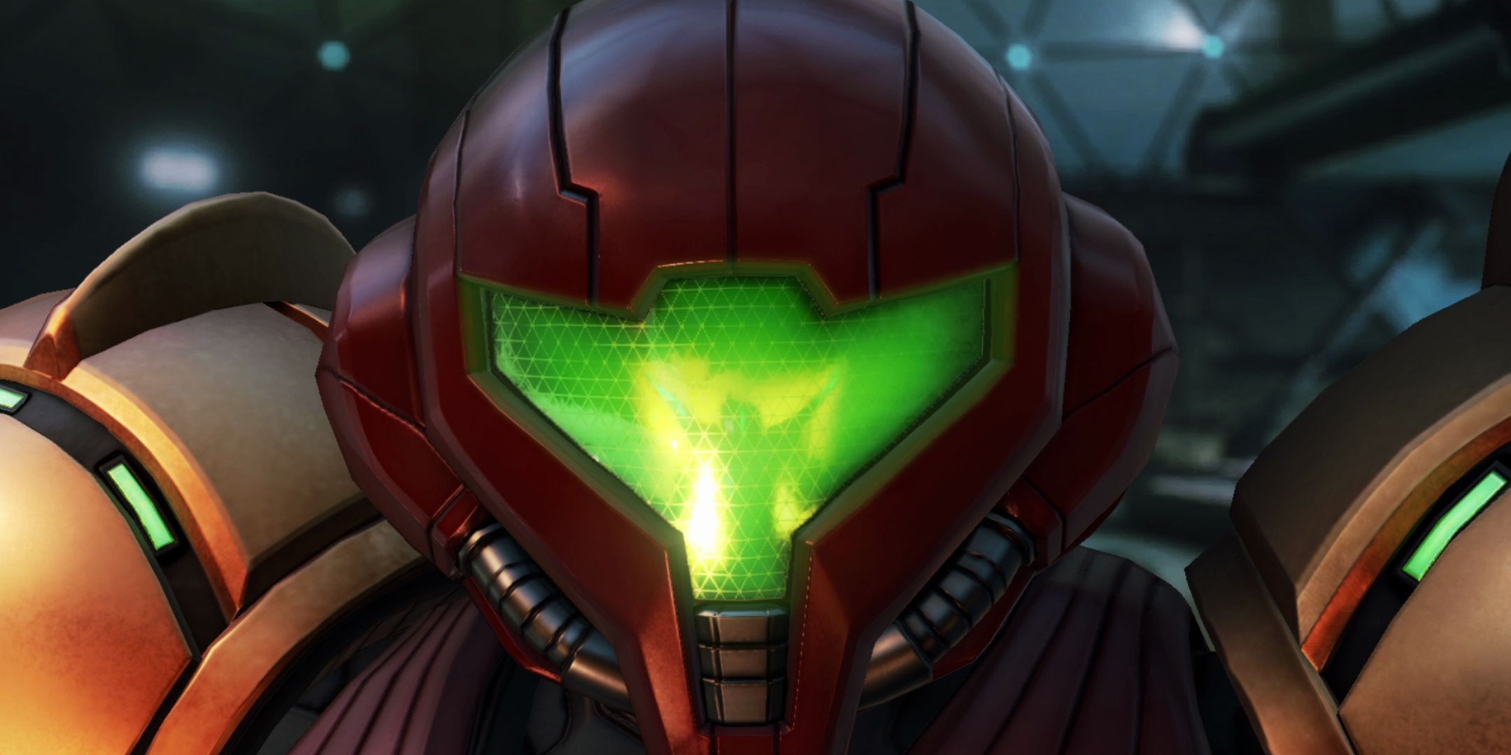 A close-up of Samus Aran's helmet in Metroid Prime 4: Beyond.