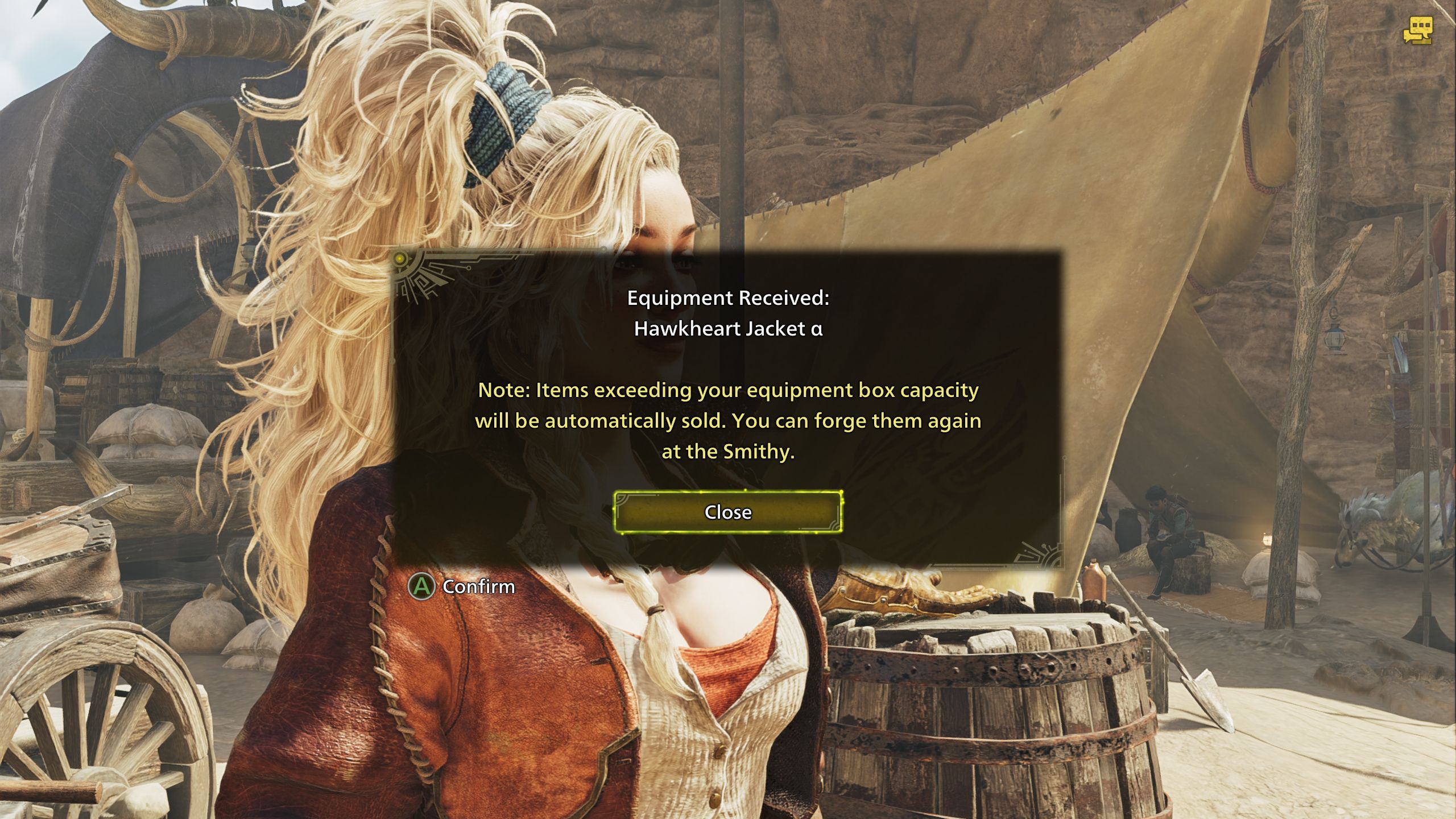A menu showing that the player has received the Hawkheart Jacket in Monster Hunter Wilds.