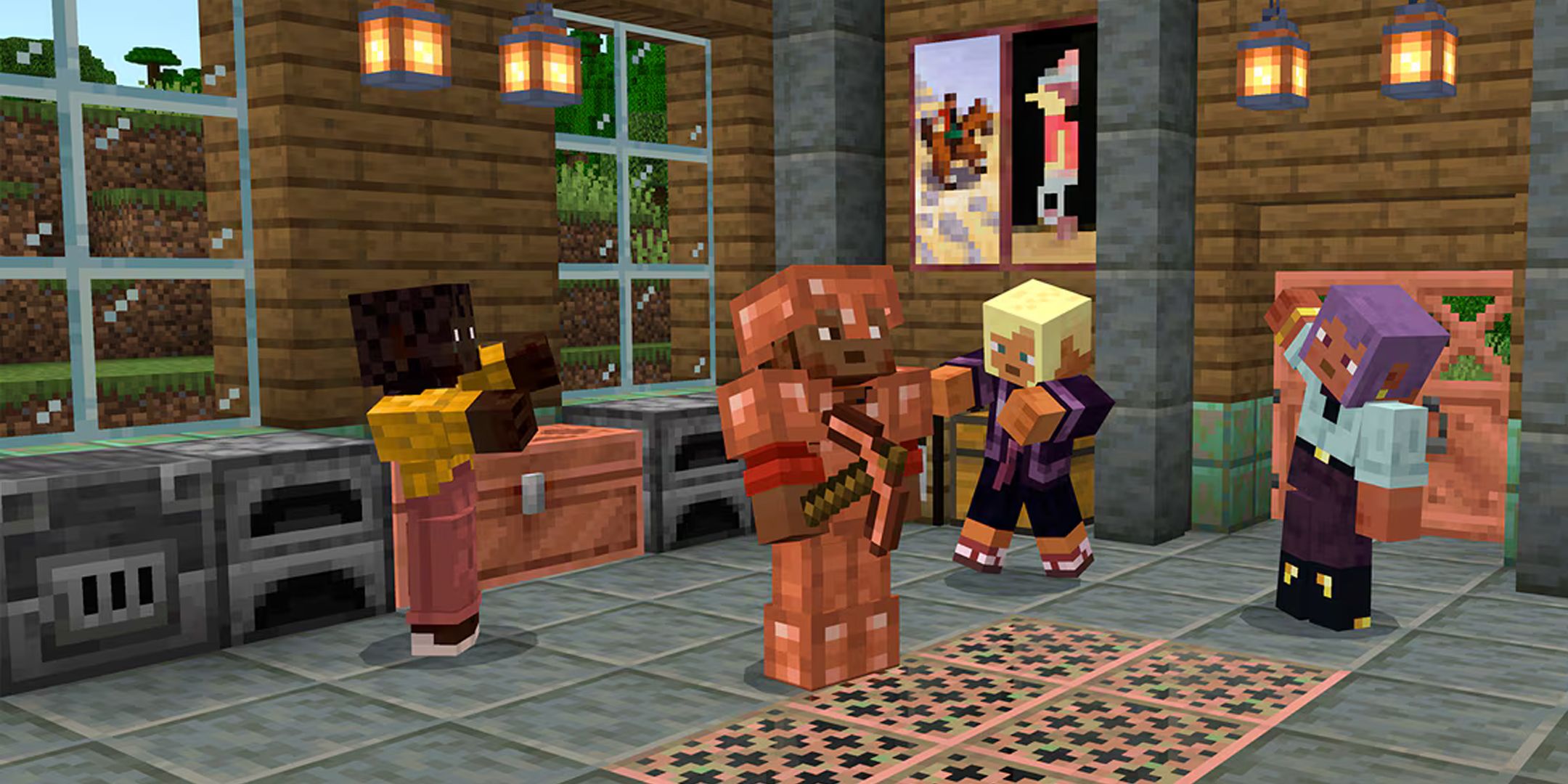 Minecraft player standing with their friends in their home, wearing copper armour.