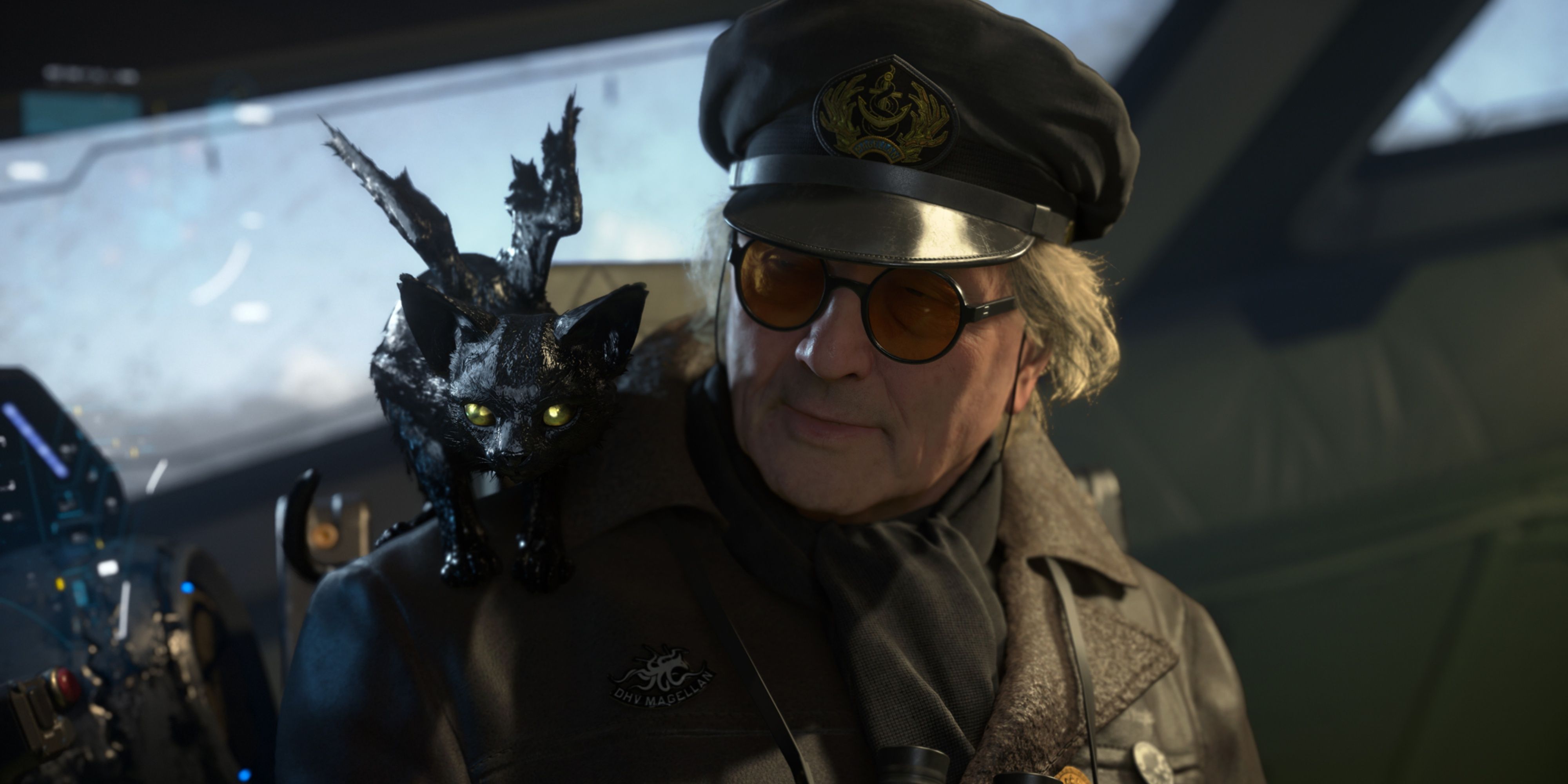 death stranding 2 character with a cat on their shoulder.