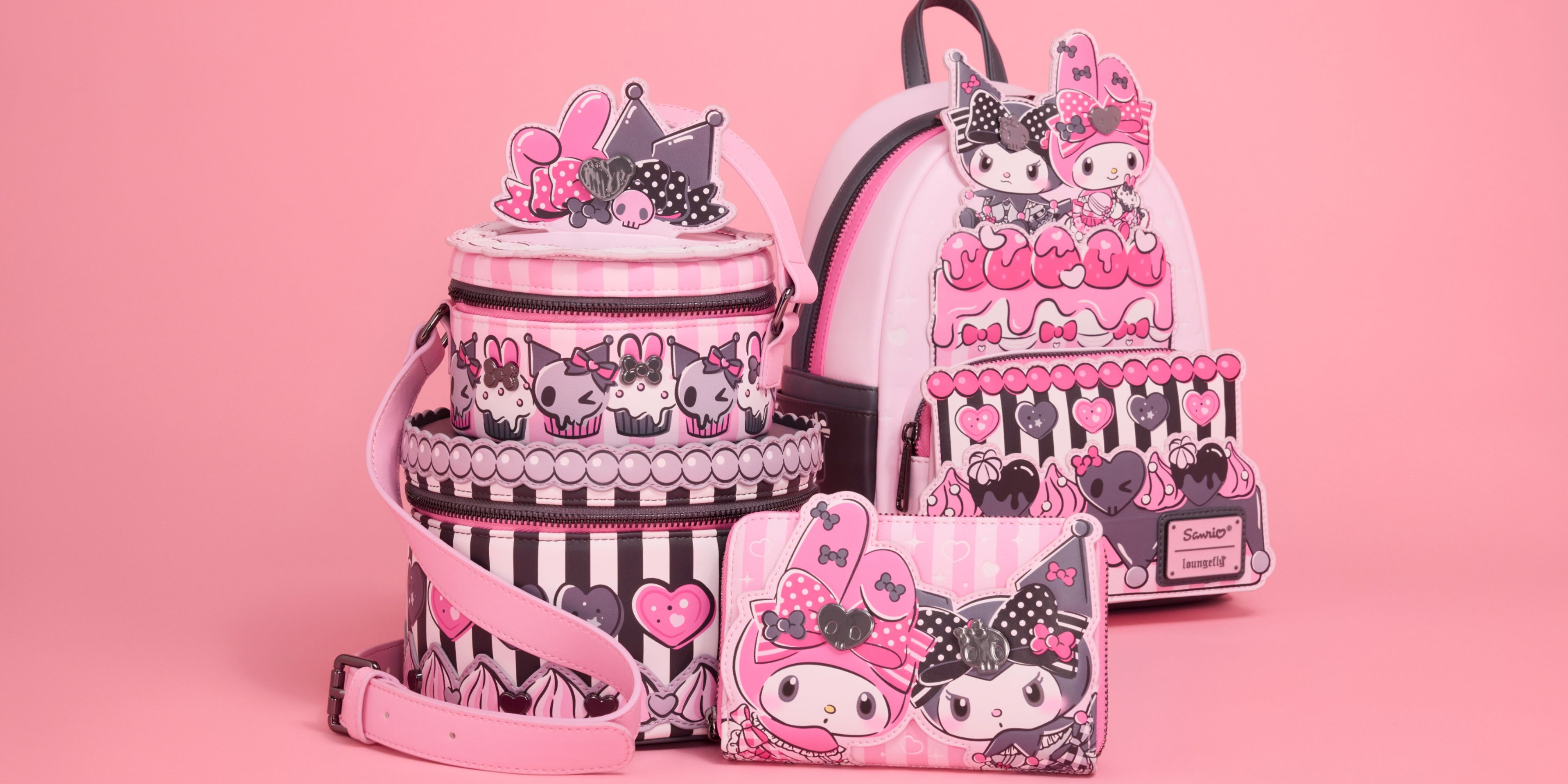 loungefly x sanrio kuromi and my melody backpack crossbody bag and wallet.