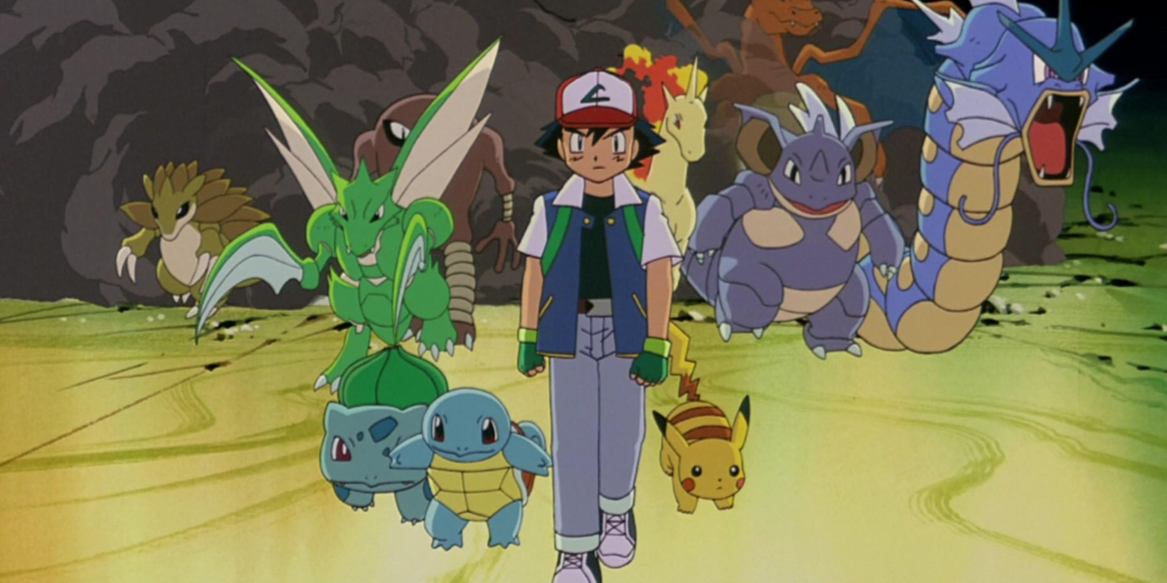 ash being followed by pokemon in pokemon the first movie.