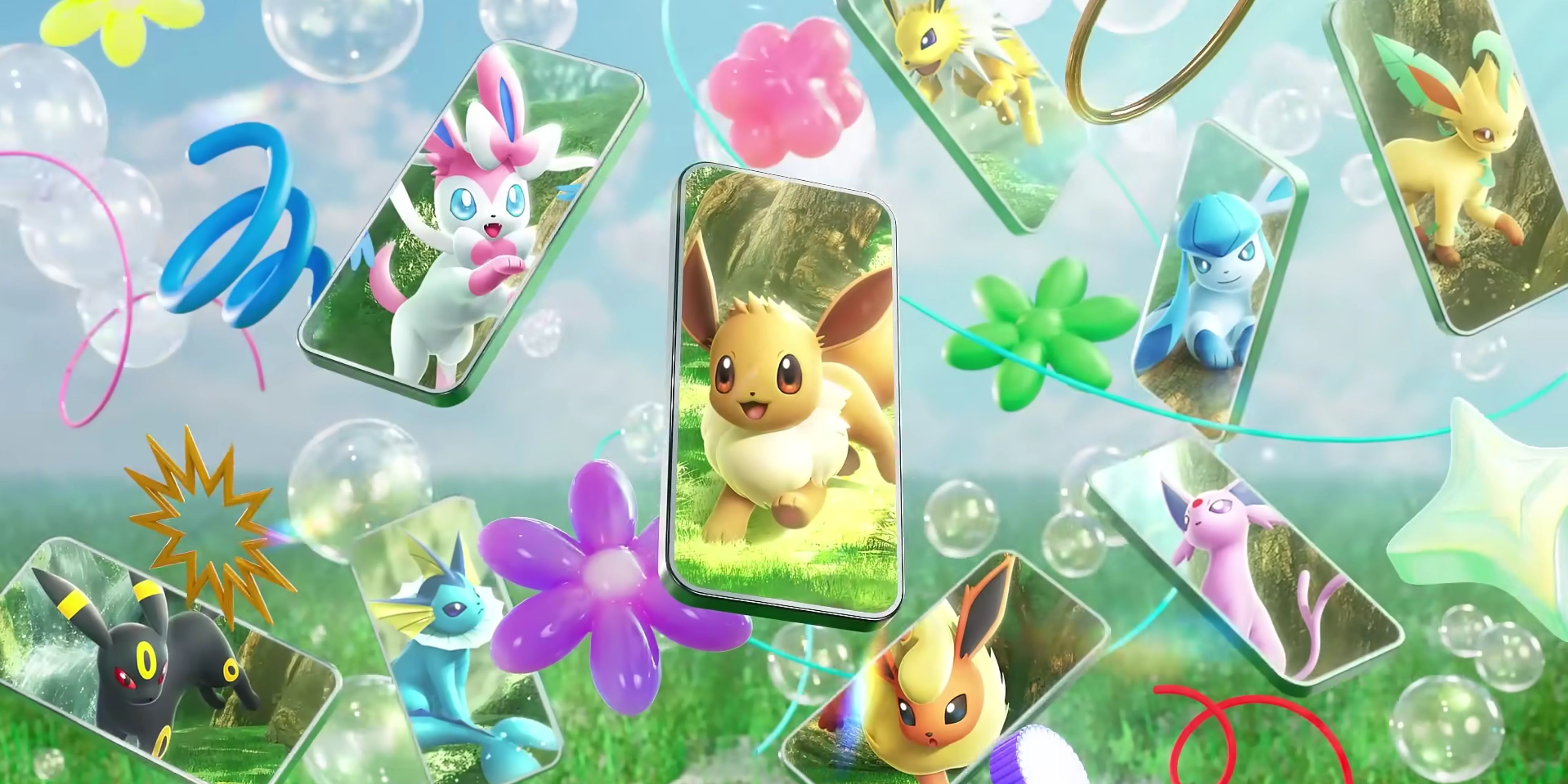 eevee and all of its eeveelutions on separate phone screens.