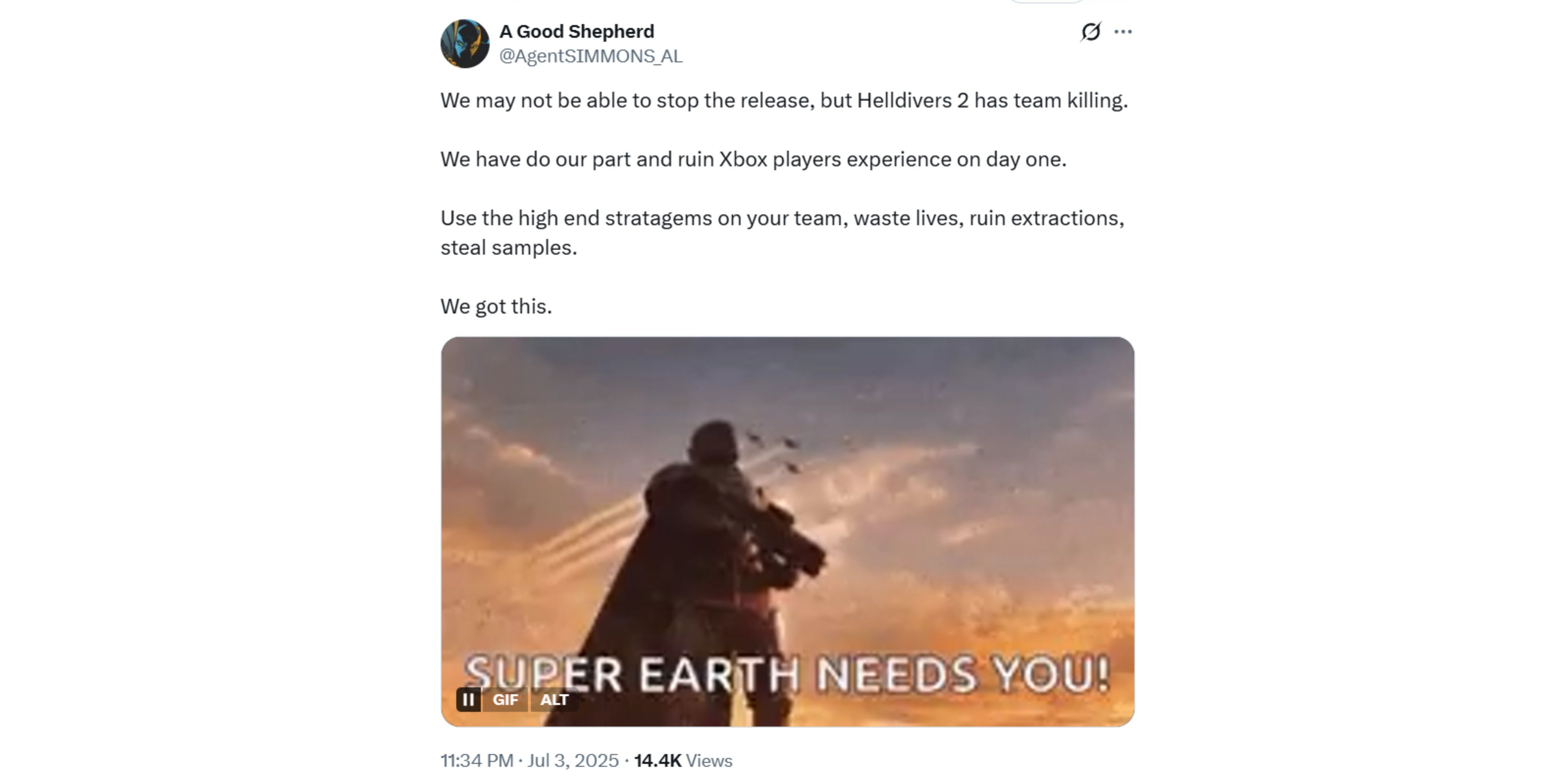 tweet about sabotaging xbox players on helldivers 2.