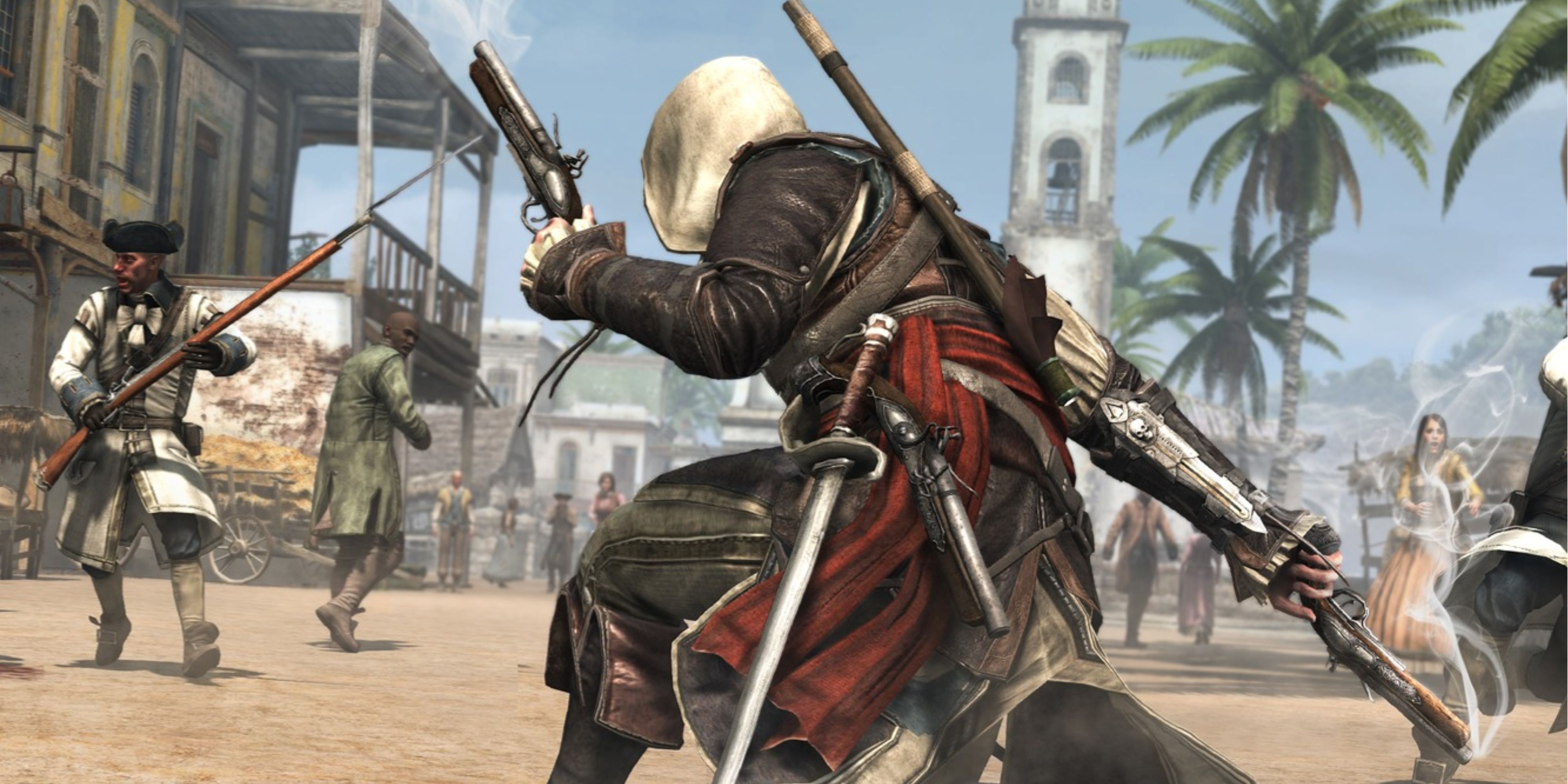 edward kenway holding guns with his back to the camera in assassins creed black flag.