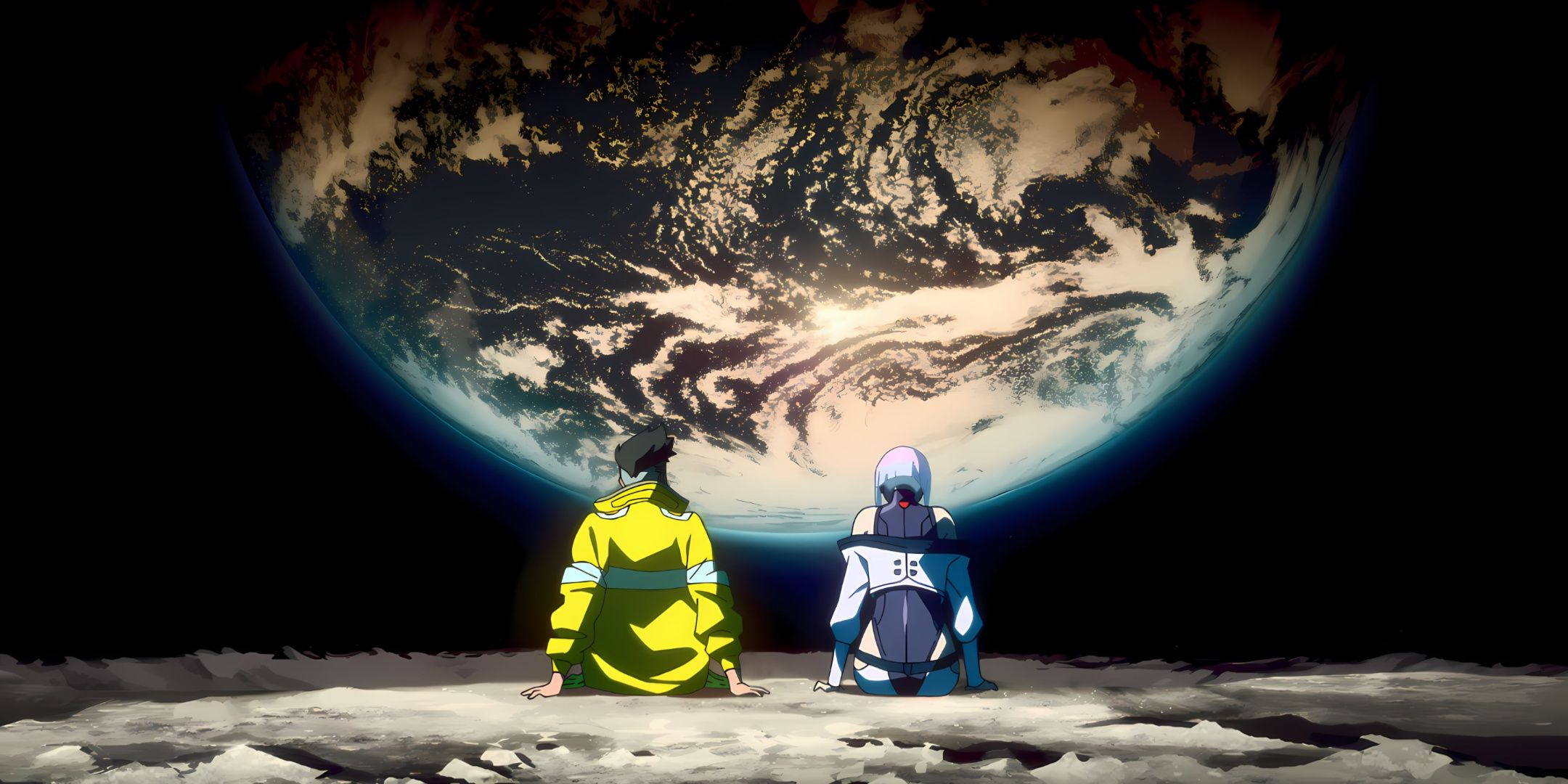David and Lucy sit on the moon's surface in Cyberpunk: Edgerunners. 