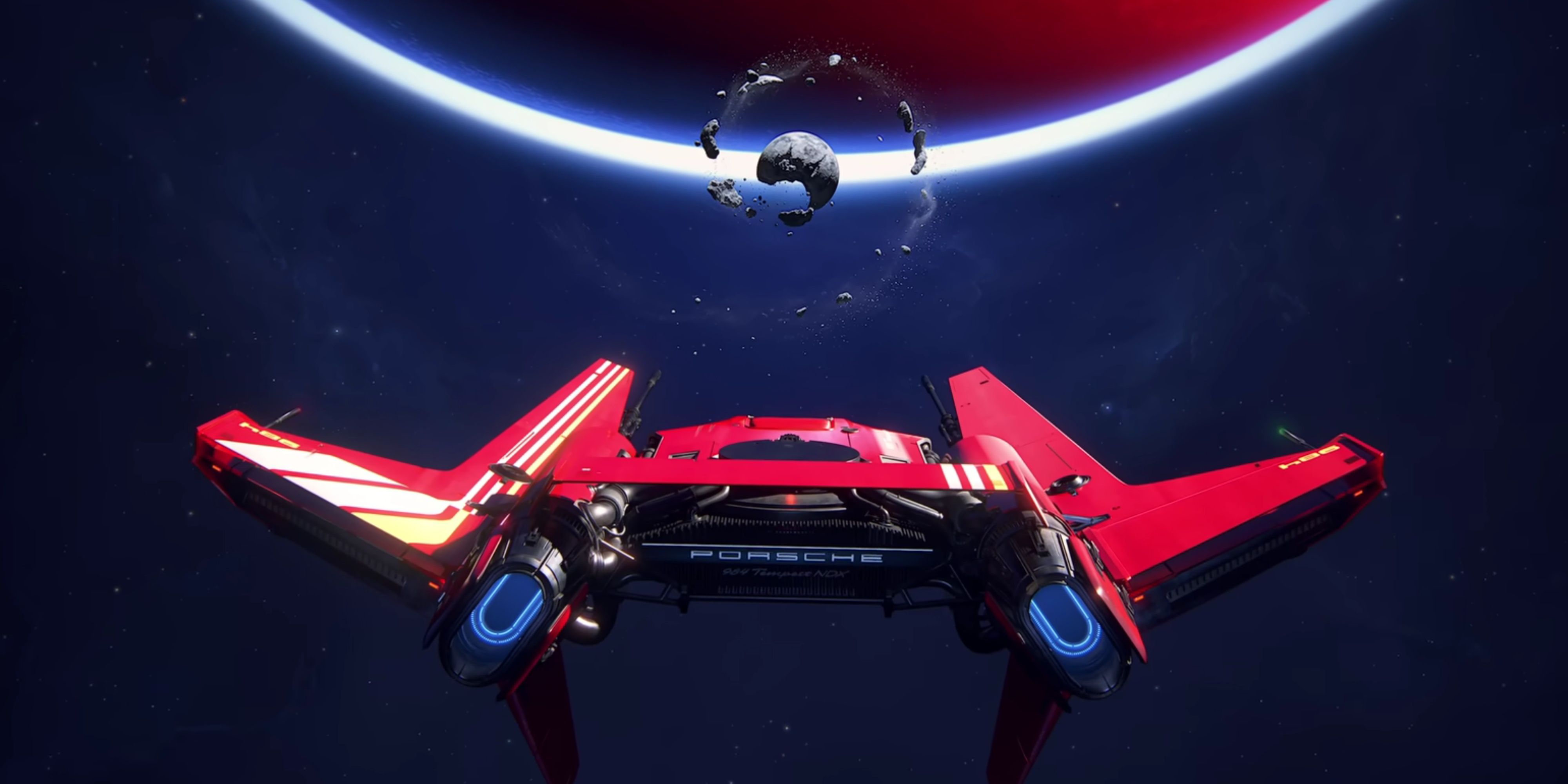 jordan's porsche ship flying towards a broken moon in intergalactic the heretic prophet.