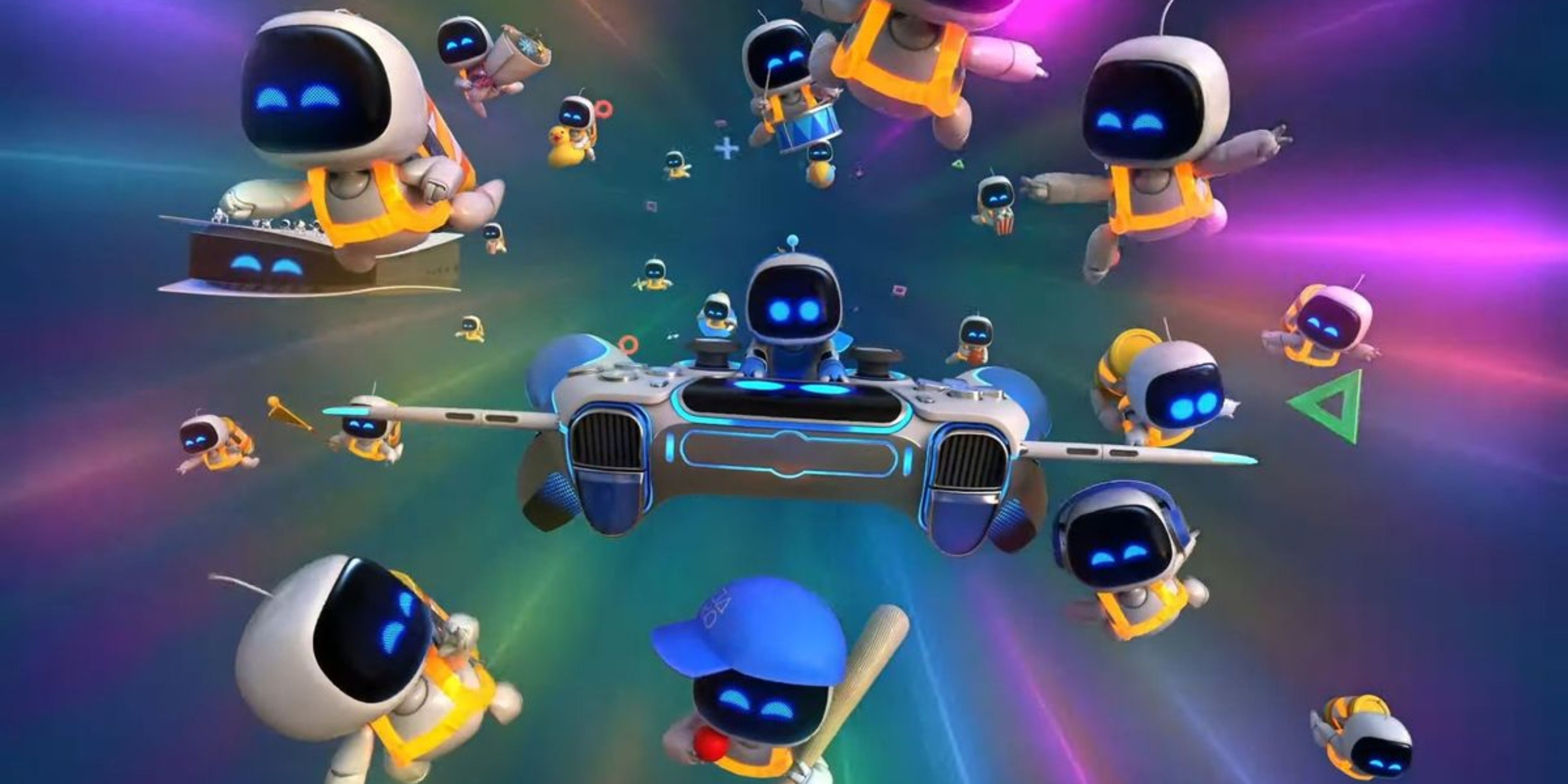 astro bot flying with other bots.