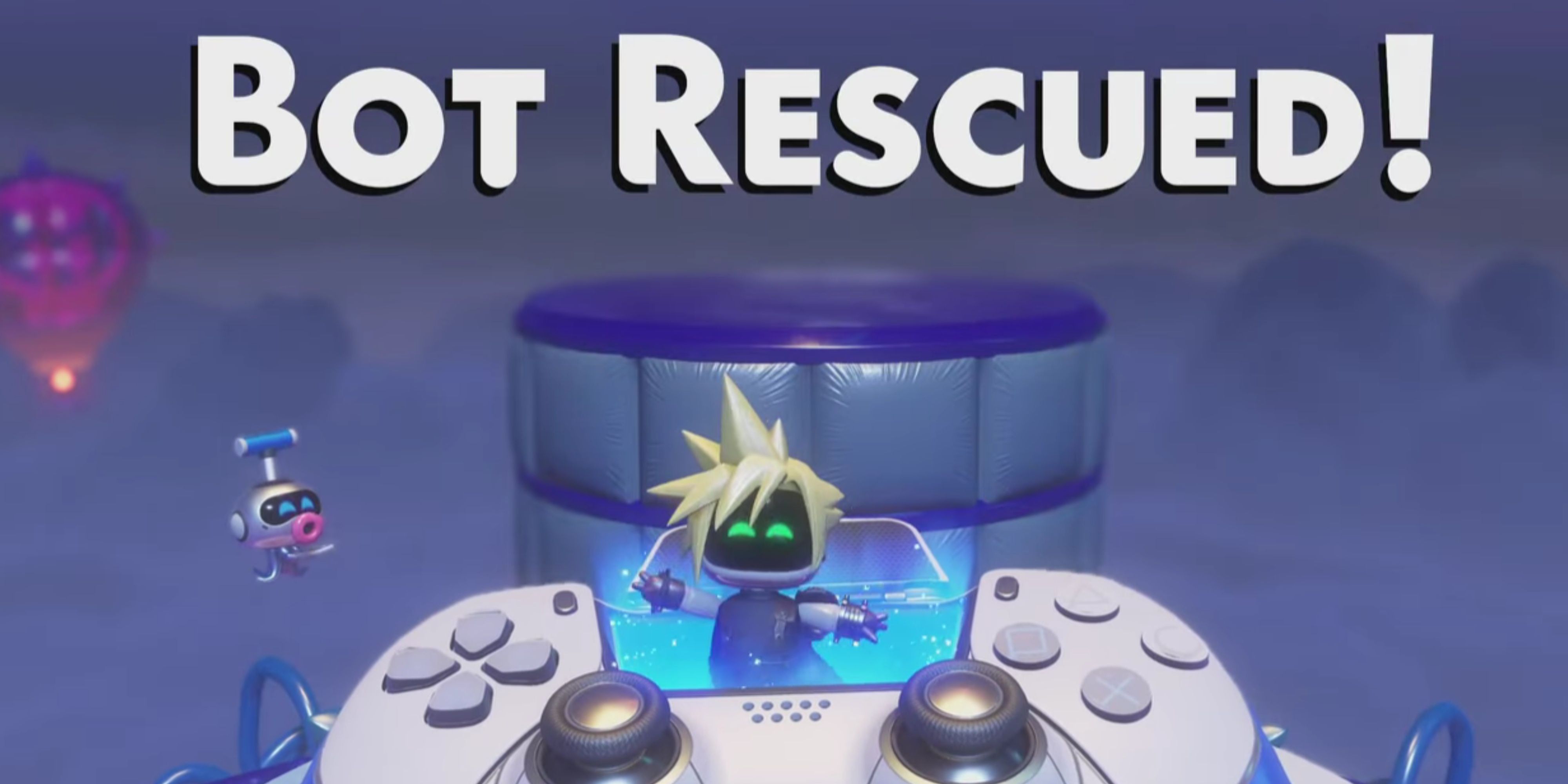final fantasy 7's cloud as a bot in a controller in astro bot.