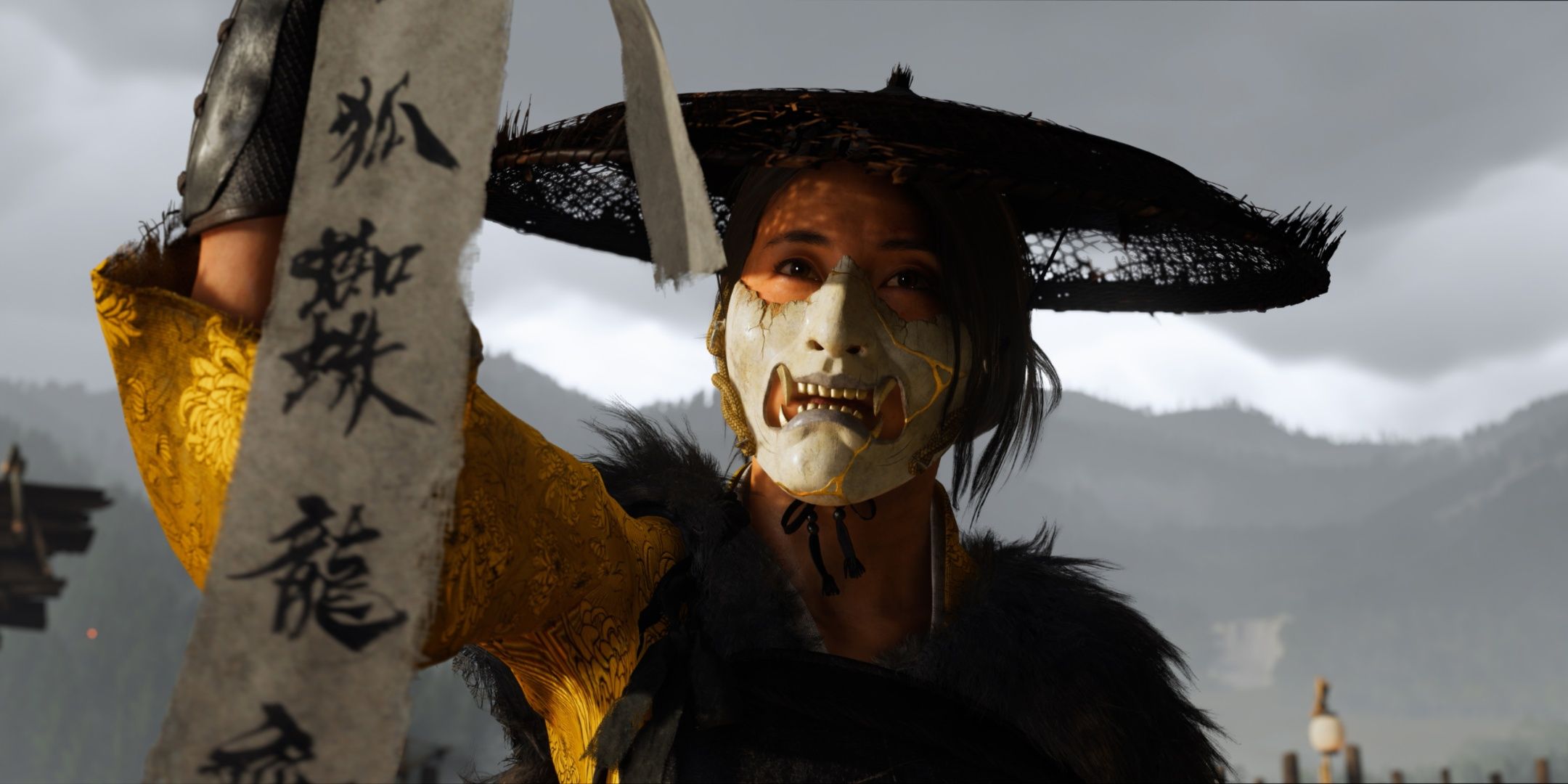 Atsu holding up a piece of fabric in Ghost of Yotei.