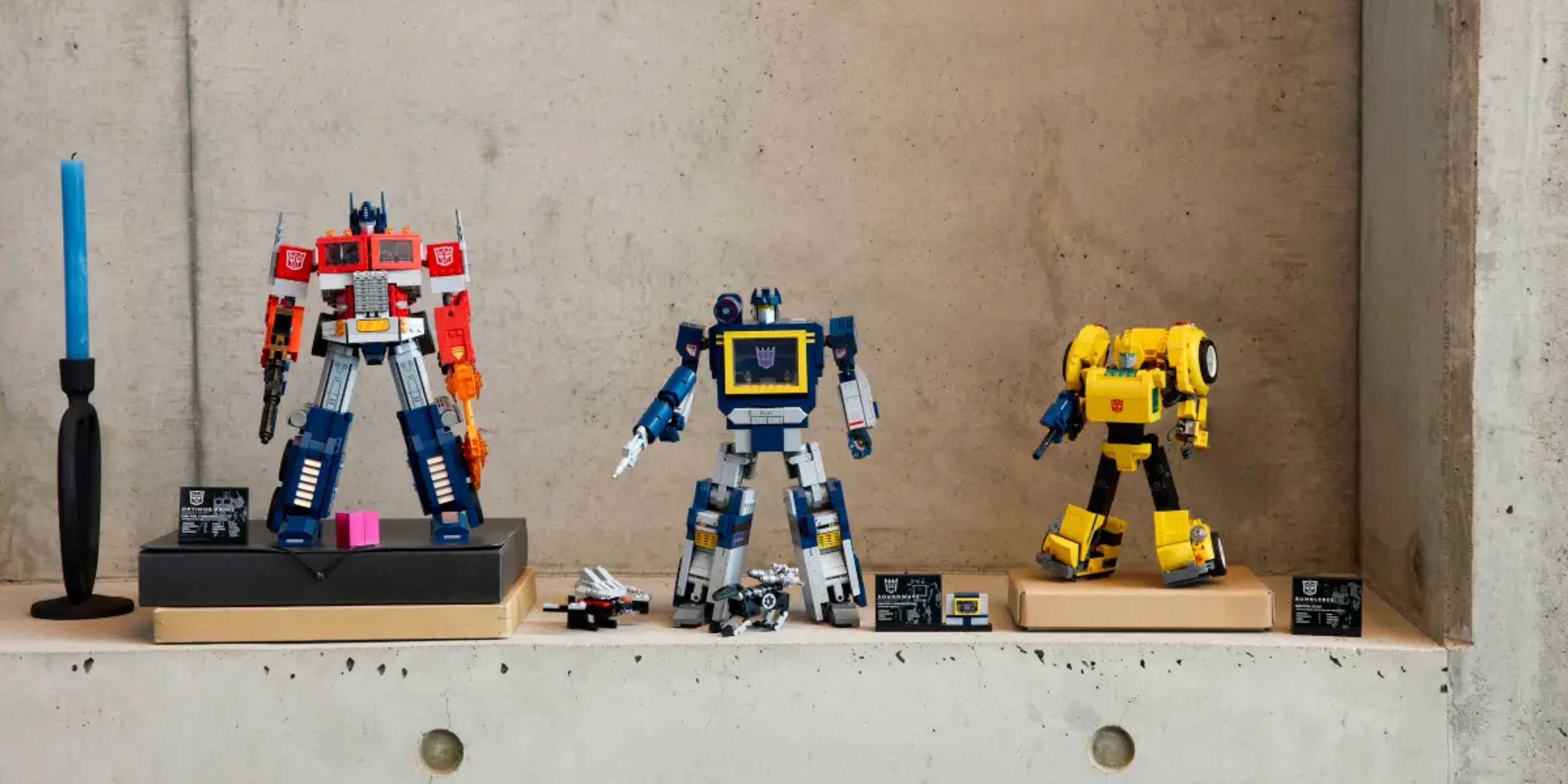 optimus prime soundwave and bumblebee transformers lego sets.