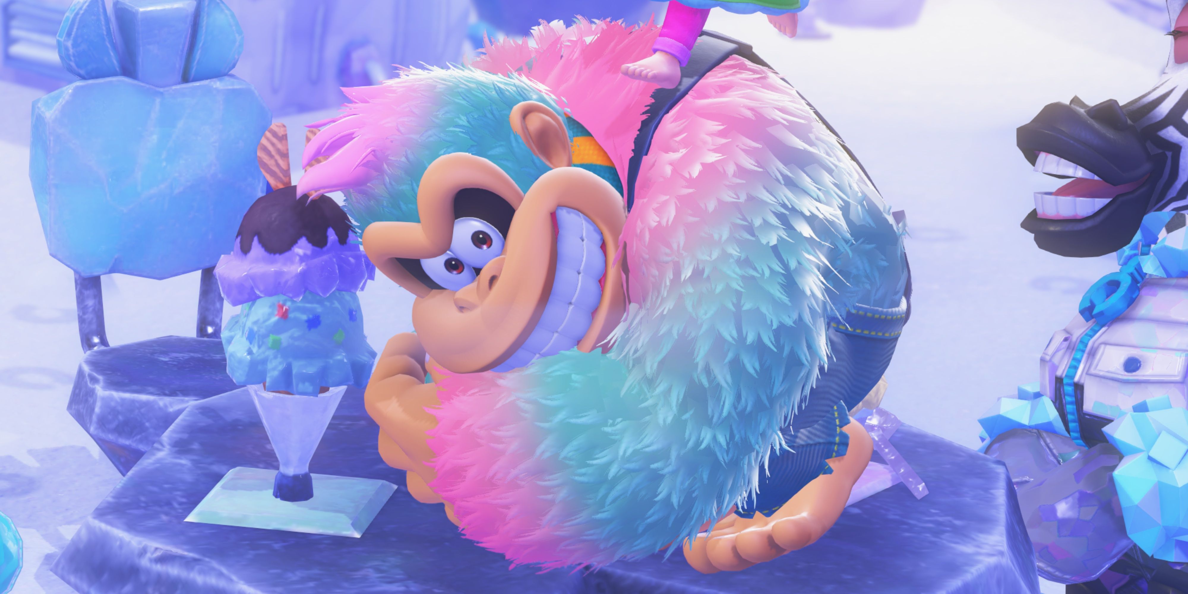 pink and blue donkey kong in donkey kong bananza.