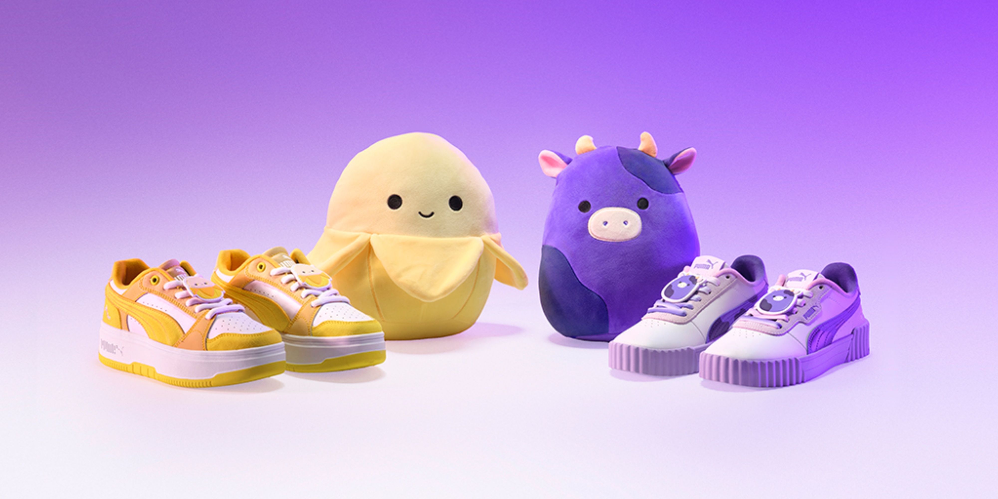 junie the banana and carina the purple cow squishmallows with their matching trainers.