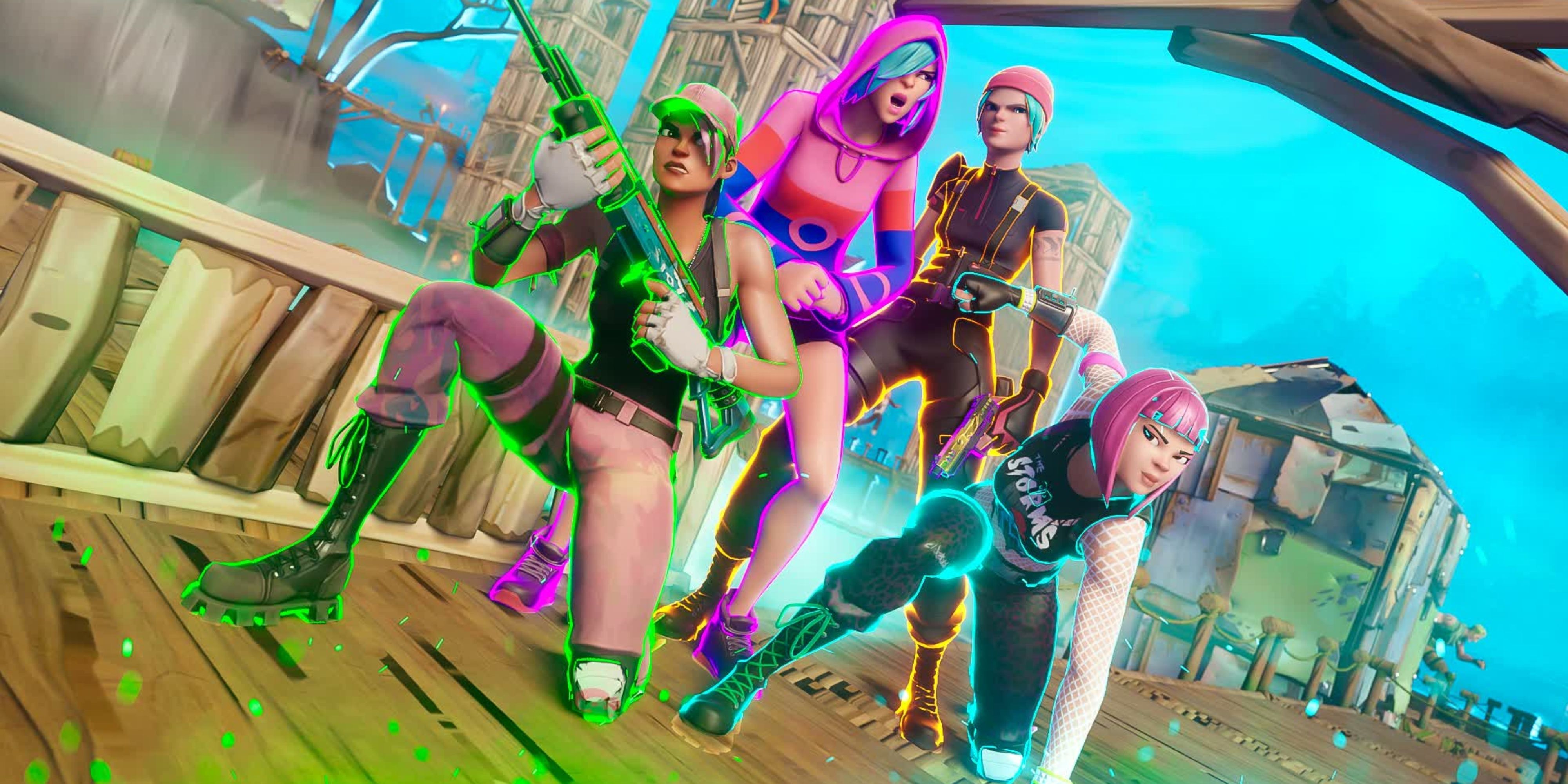 fortnite squad holding weapons and posing.