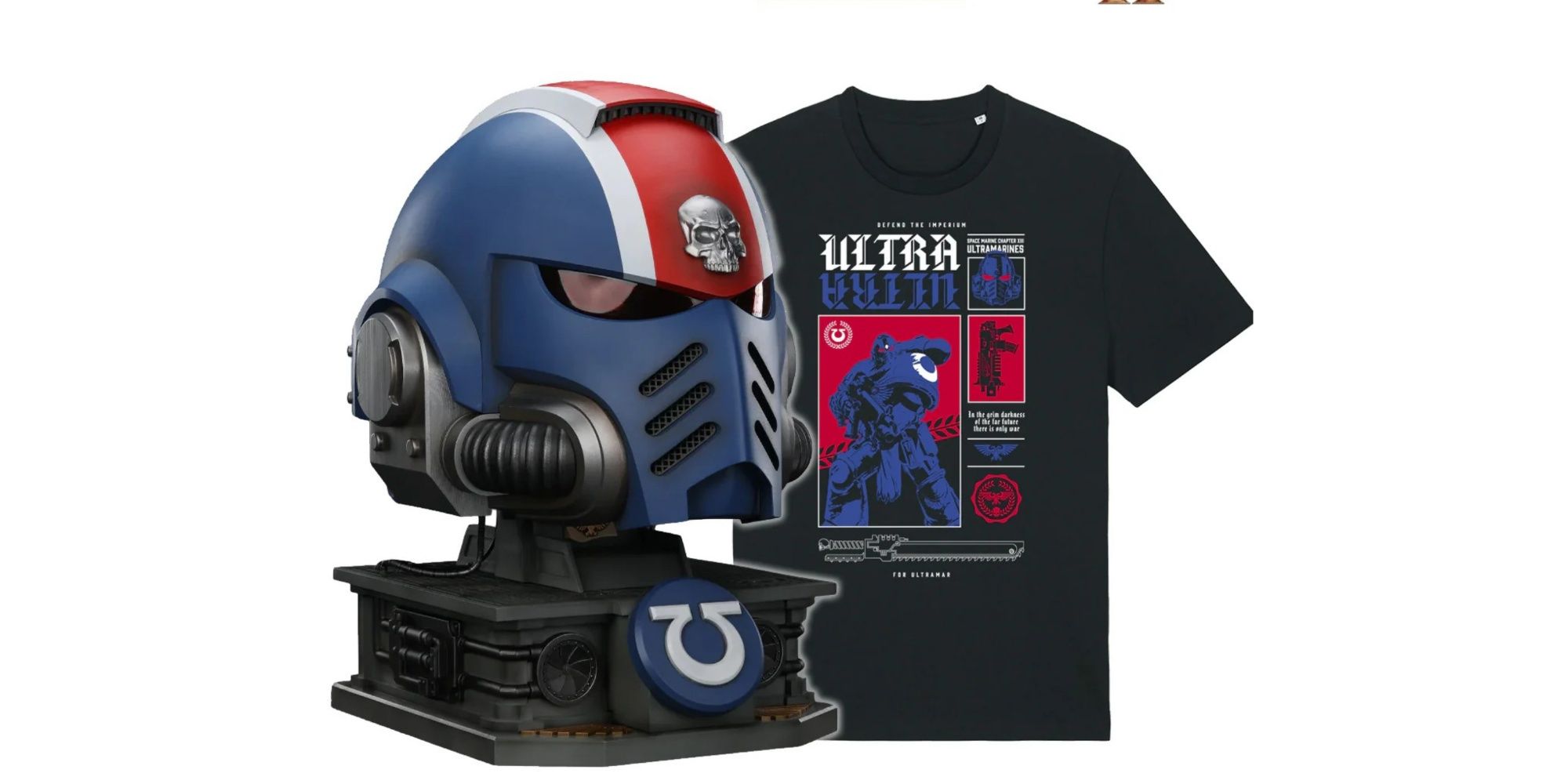 JoyToy Warhammer 40,000: Space Marine 2 Lieutenant Titus’ Mk X Helmet with a t-shirt.