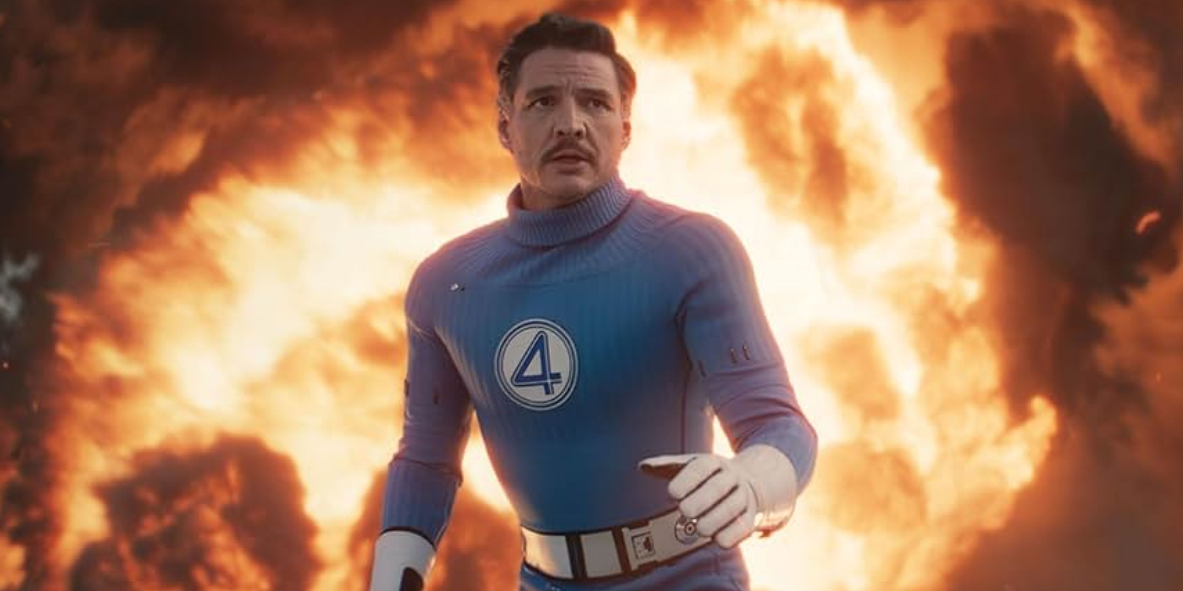pedro pascal as mister fantastic in front of an explosion in fantastic four first steps.