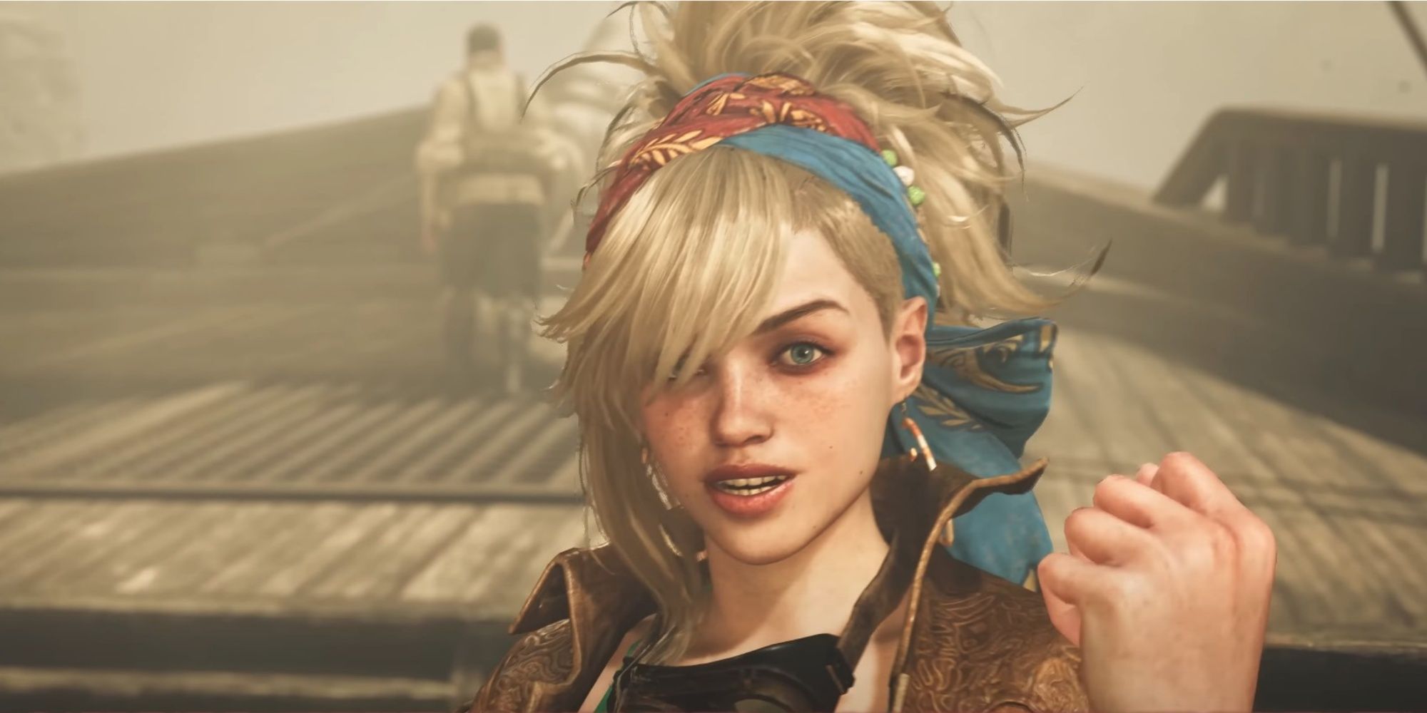 Gemma the blacksmith from Monster Hunter Wilds holding up her fist.