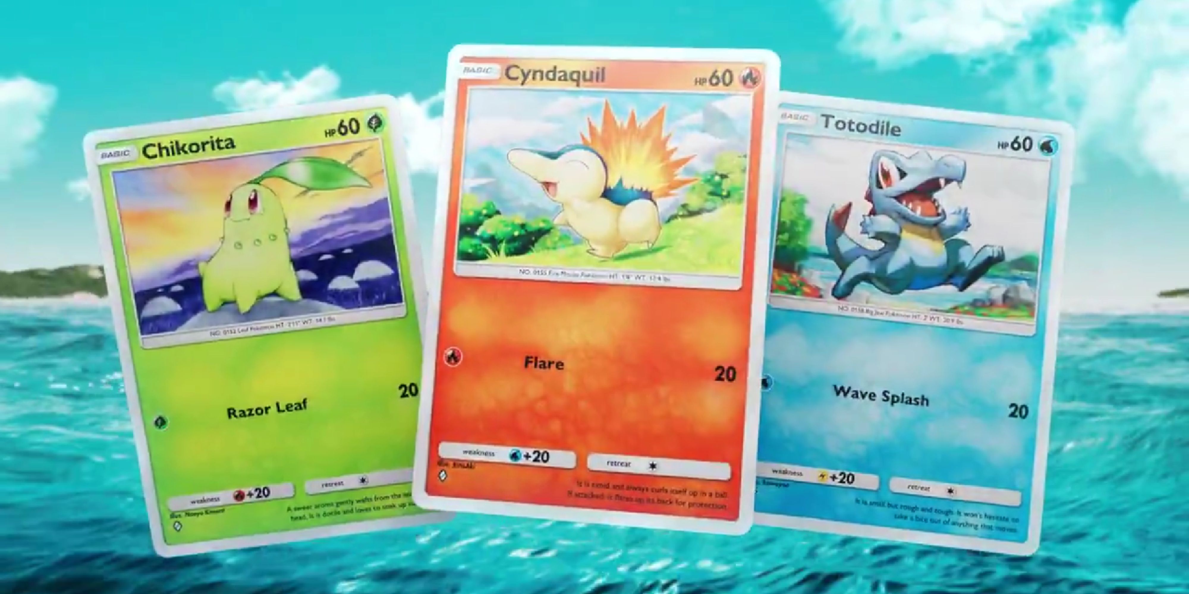 chikorita cyndaquil and totodile cards in pokemon tcg pocket.
