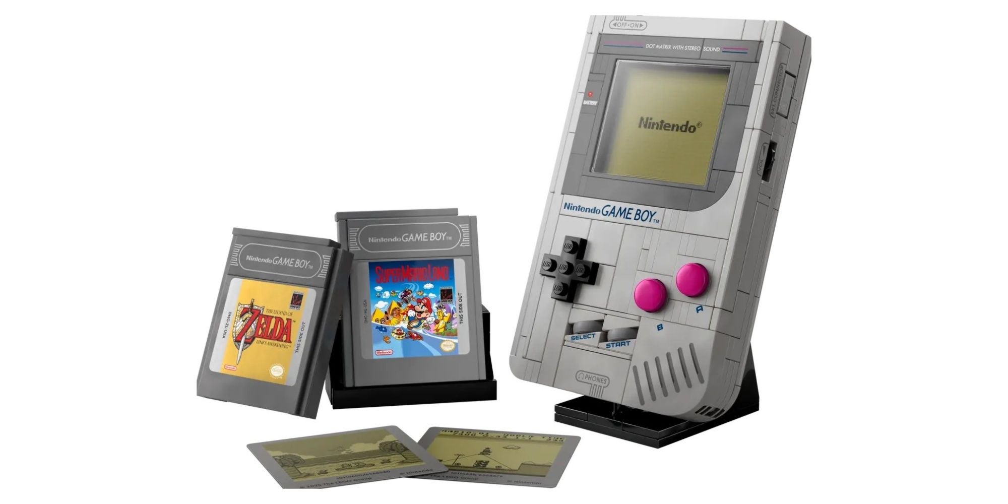 Lego's Game Boy set with Legend of Zelda: Link's Awakening and Super Mario Land cartridges and lenticular screens.