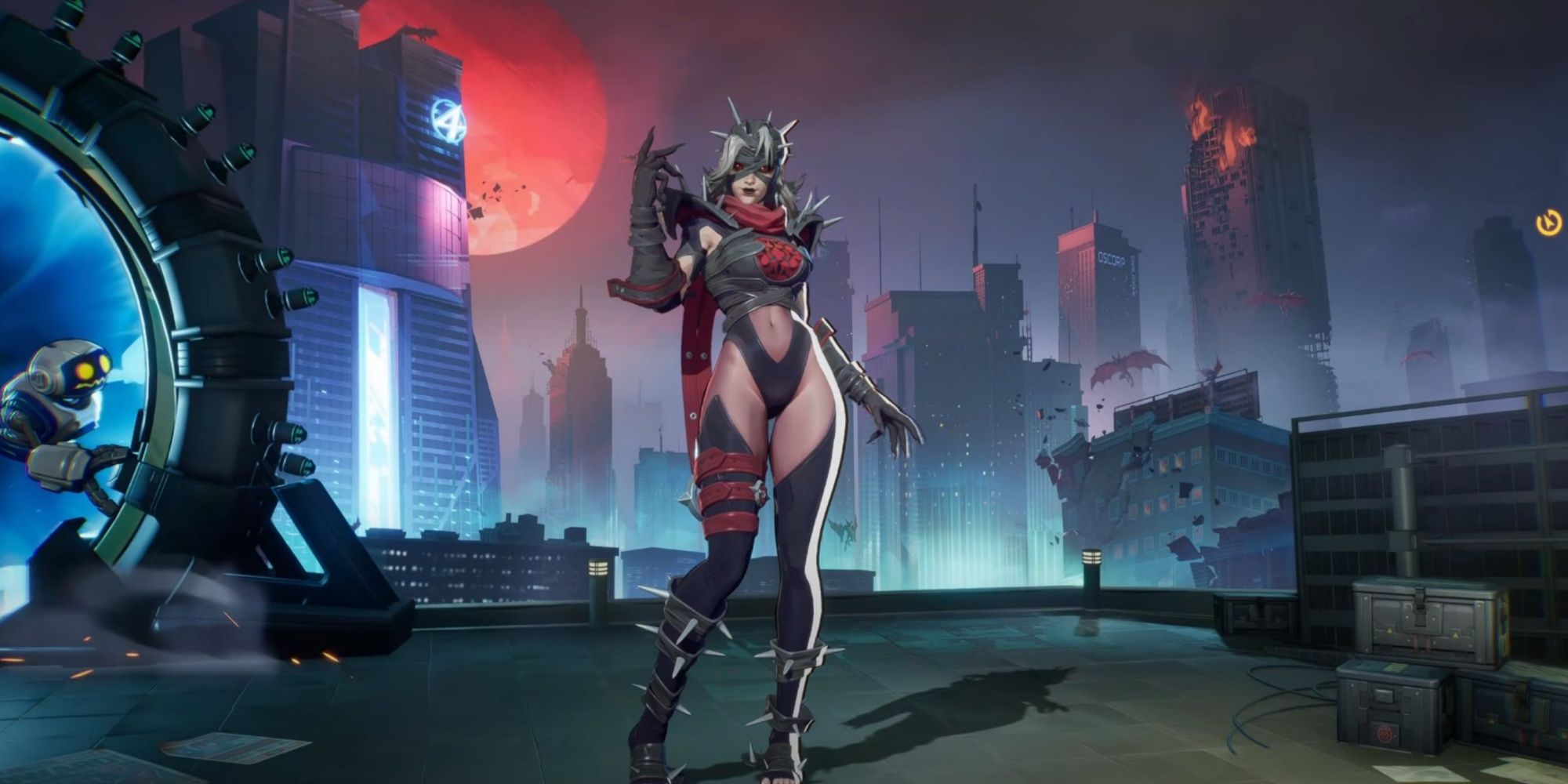 Invisible Woman's Malice costume in front of a ruined city in Marval Rivals.