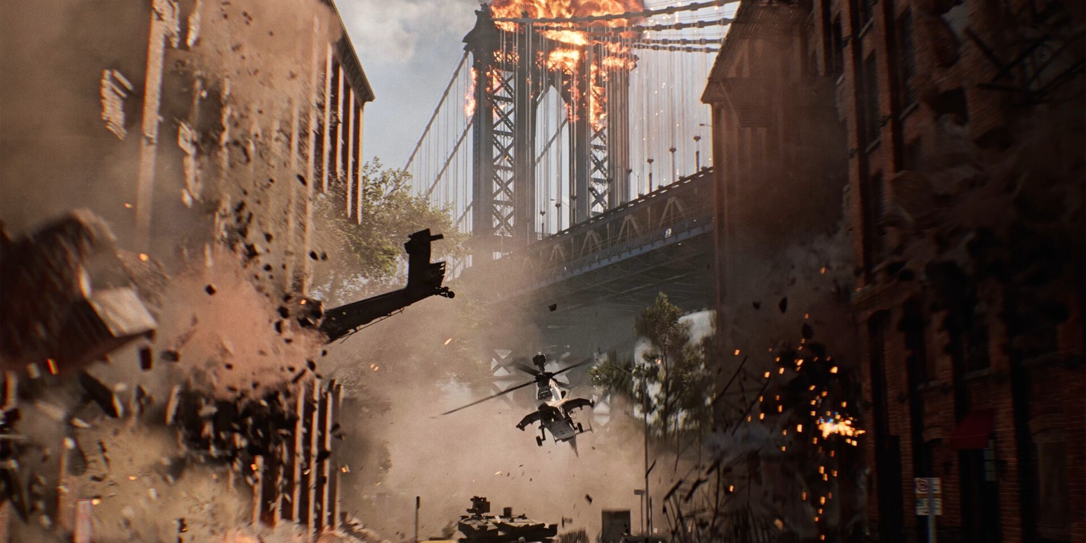 A helicopter flies through a duo of falling buildings in Battlefield 6. 