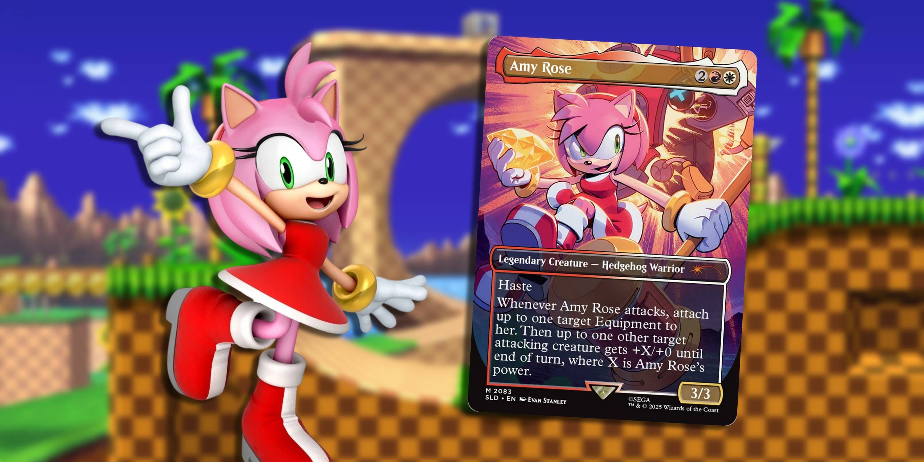 MTG Amy Rose model and card in front of Green Hill Zone.