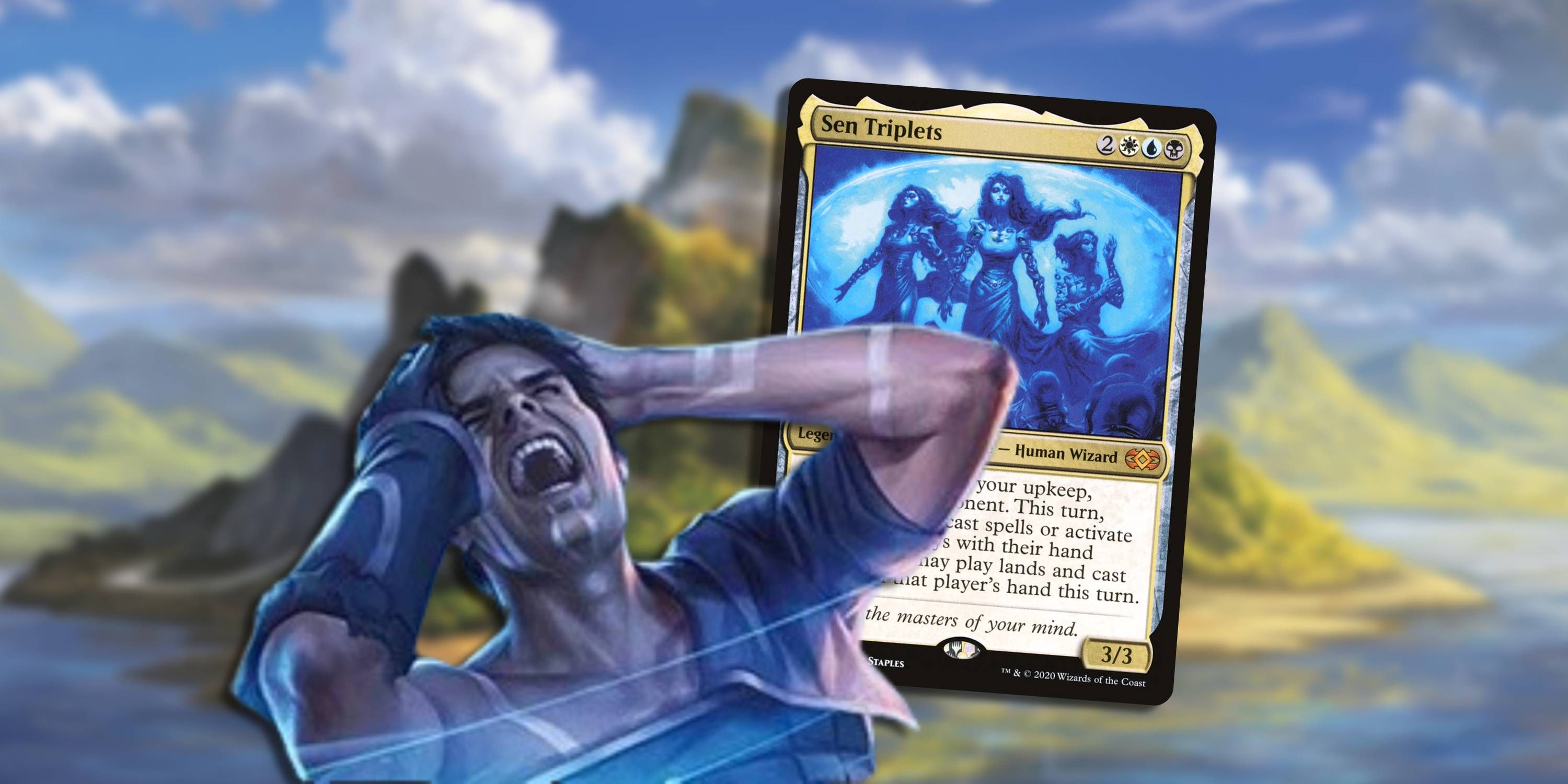 MTG Jace holding head screaming with Sen Triplets behind him.