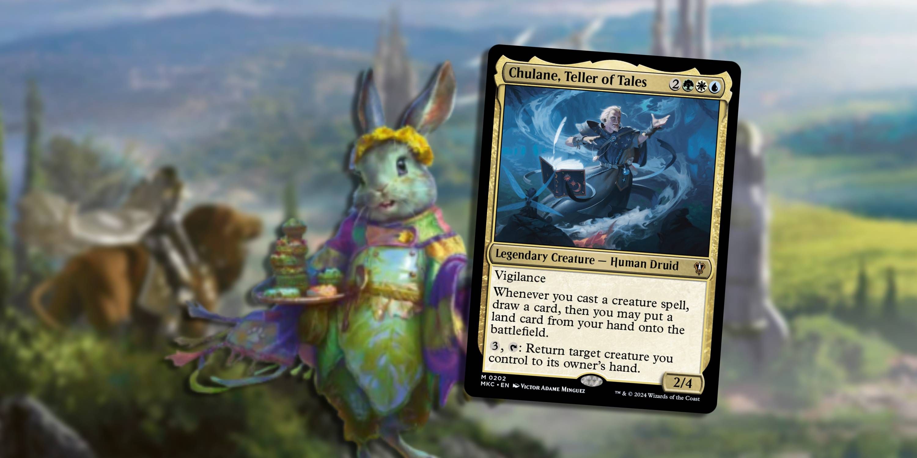MTG Bant plane art with Ms. Bumbleflower and Chulane card in front of it.