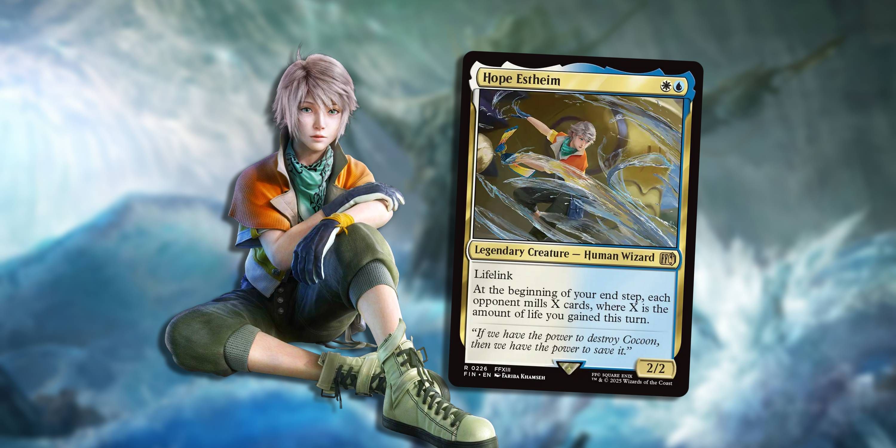 Final Fantasy 13 Hope model next to Hope Estheim MTG card.